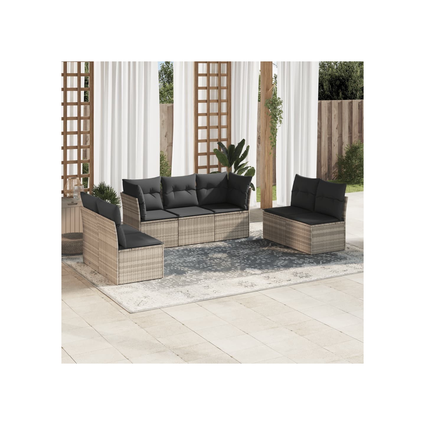 Salon de jardin avec coussins 7 pcs gris clair résine tressée