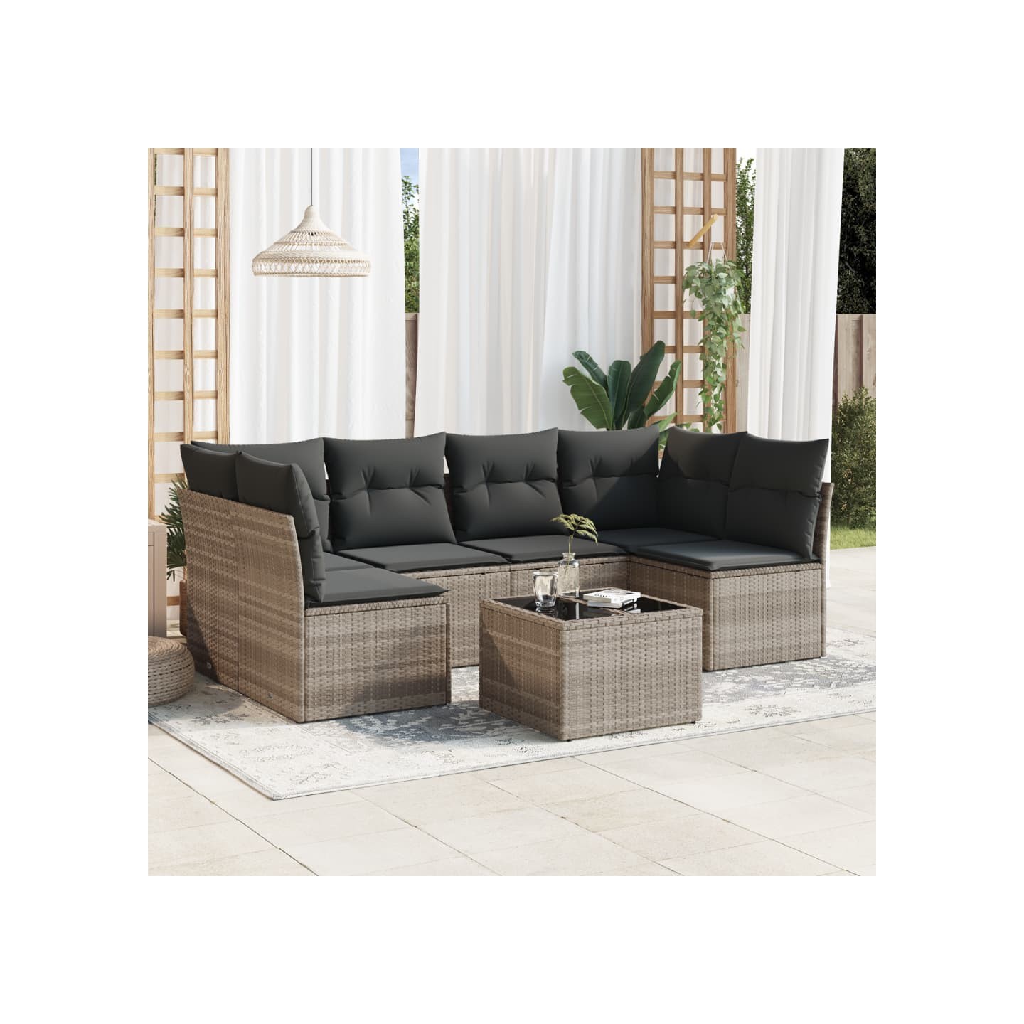 Salon de jardin avec coussins 7 pcs gris clair résine tressée