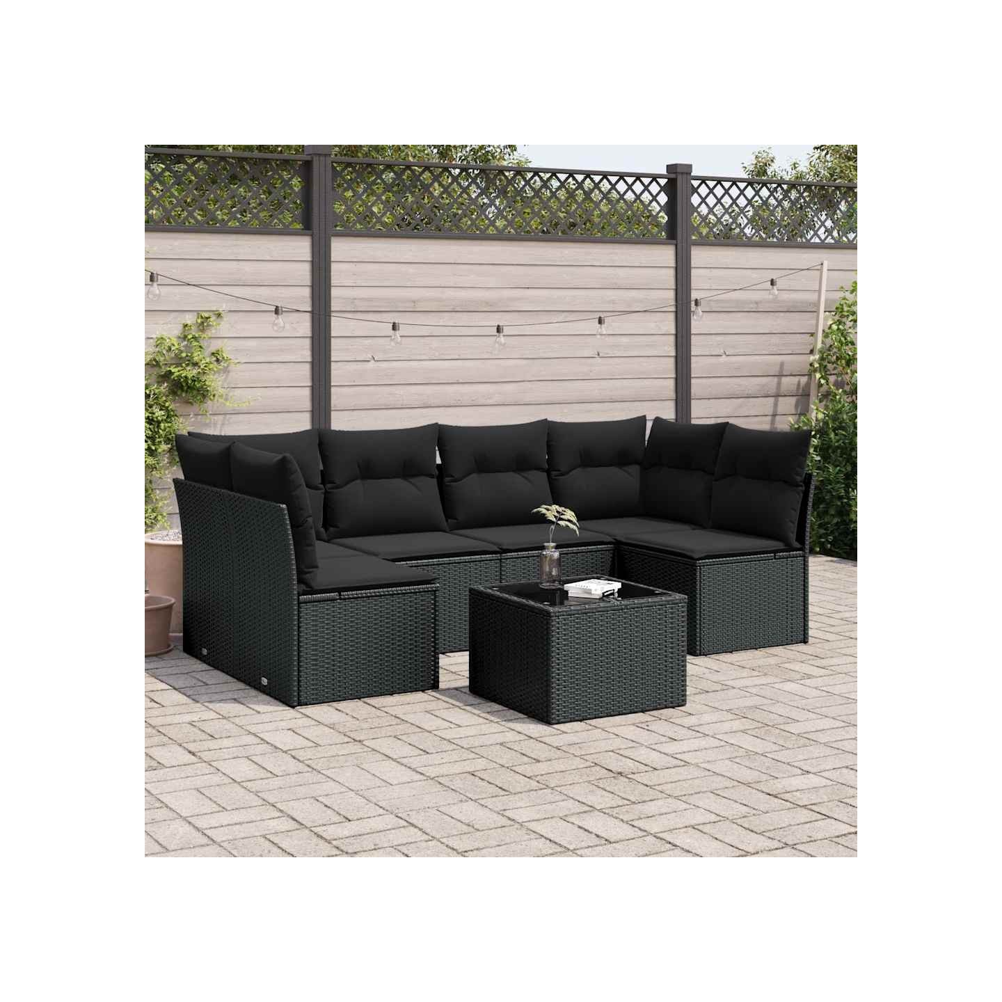 Salon de jardin 7 pcs avec coussins noir résine tressée