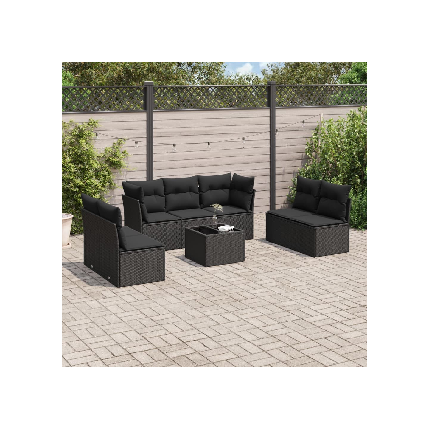Salon de jardin 8 pcs avec coussins noir résine tressée