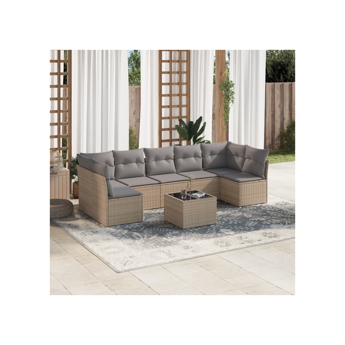 Salon de jardin avec coussins 8 pcs beige résine tressée