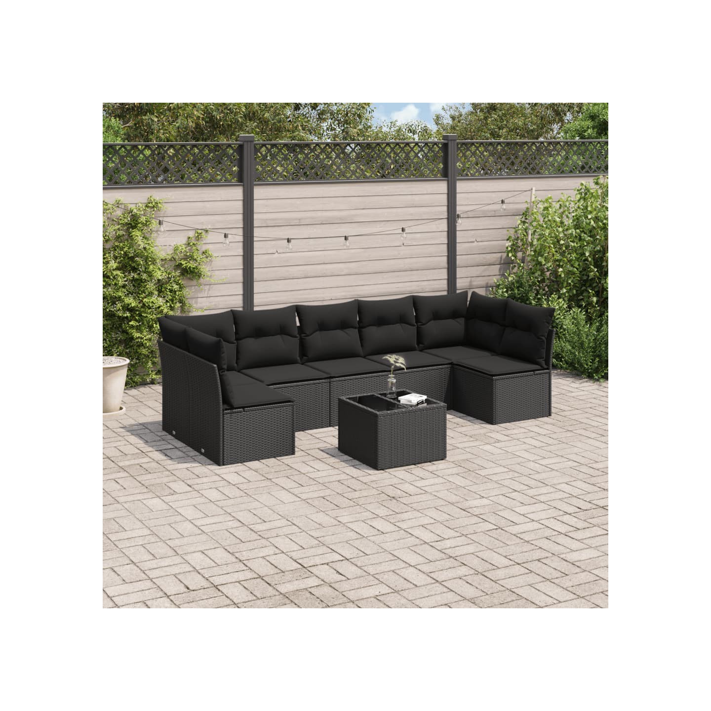 Salon de jardin 8 pcs avec coussins noir résine tressée