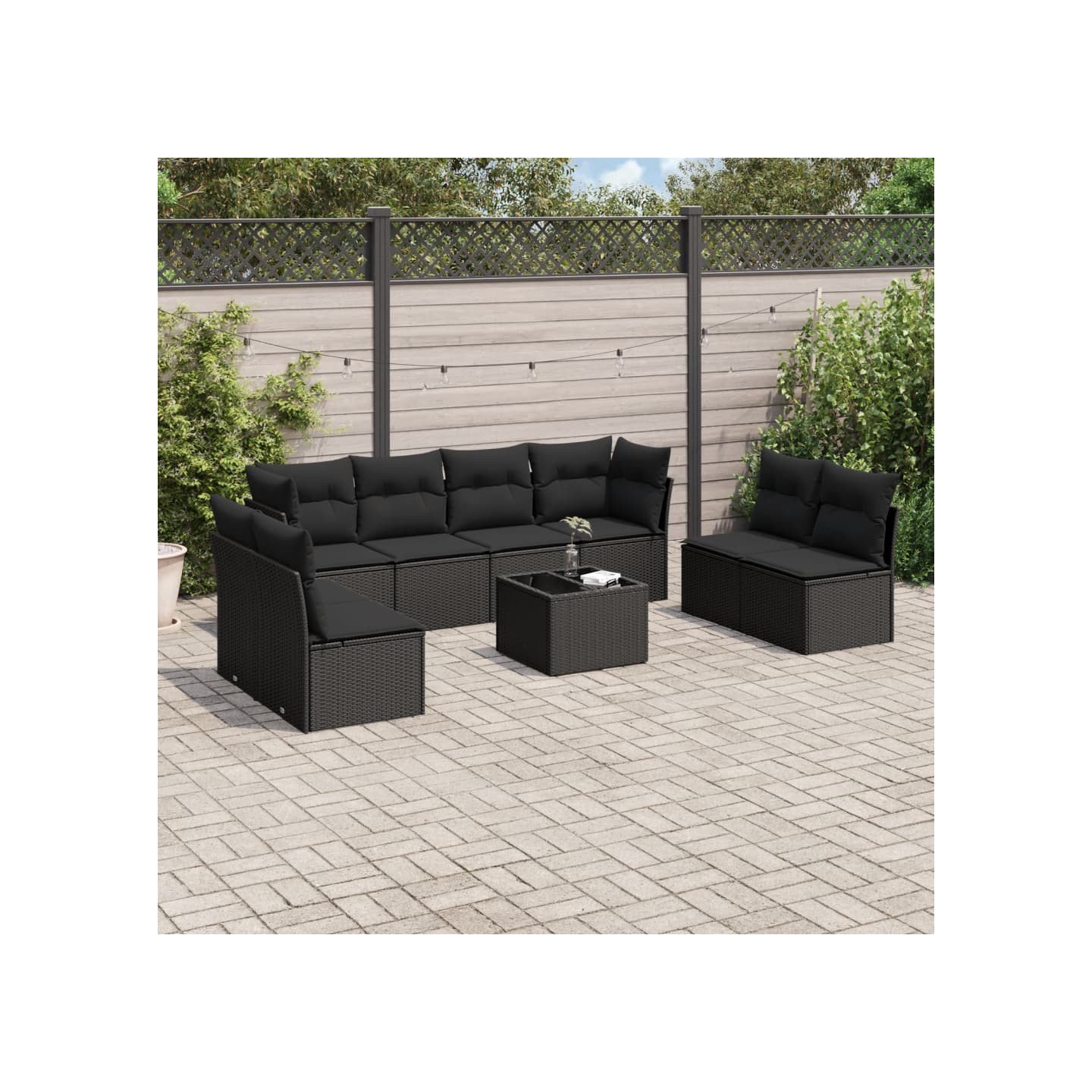 Salon de jardin 9 pcs avec coussins noir résine tressée