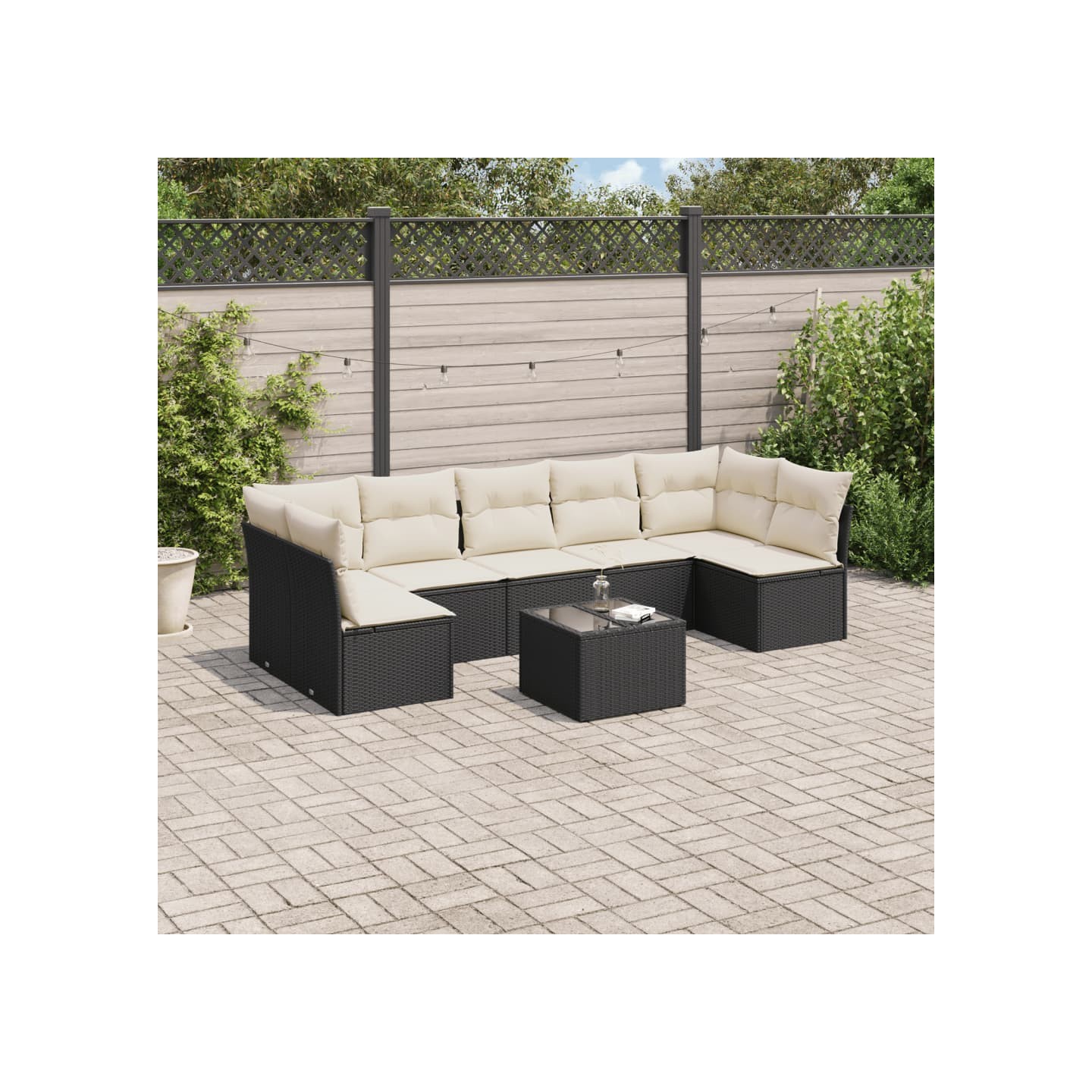 Salon de jardin 8 pcs avec coussins noir résine tressée
