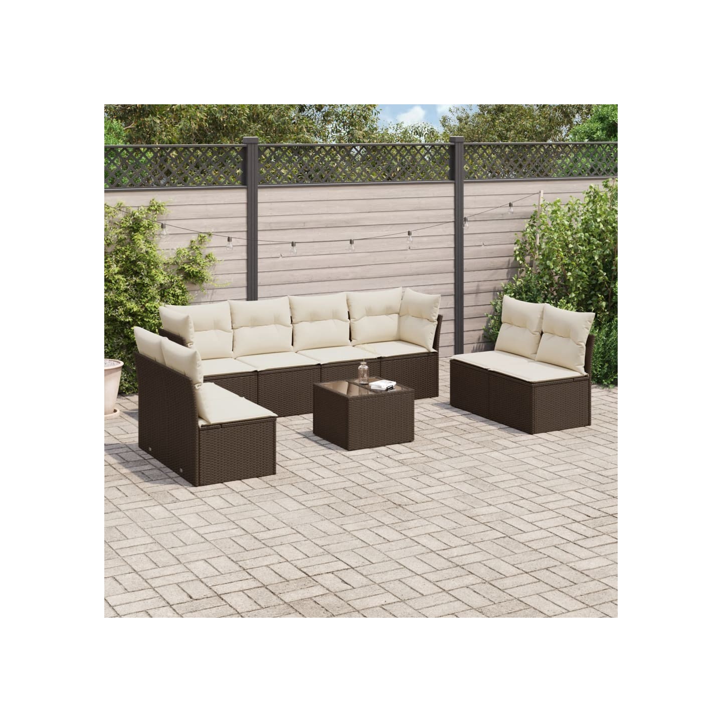 Salon de jardin avec coussins 9 pcs marron résine tressée