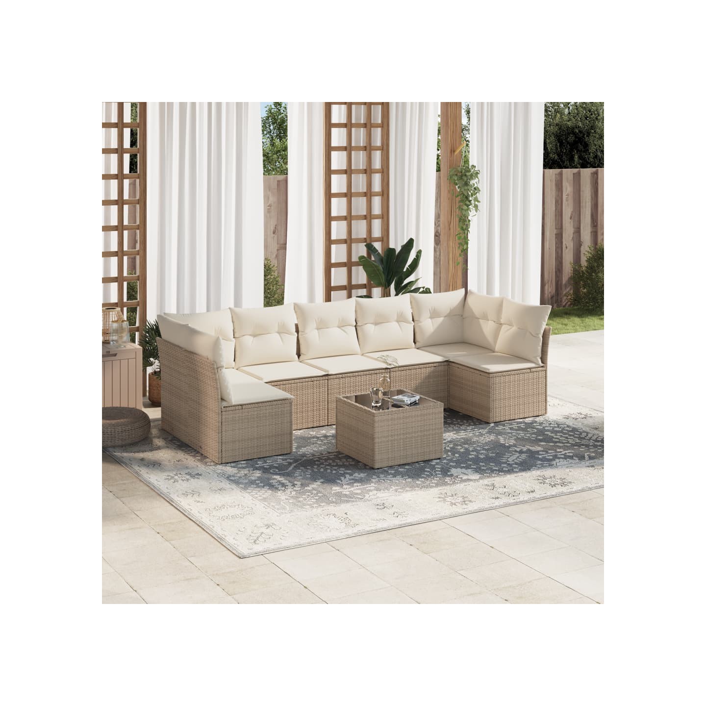 Salon de jardin avec coussins 8 pcs beige résine tressée