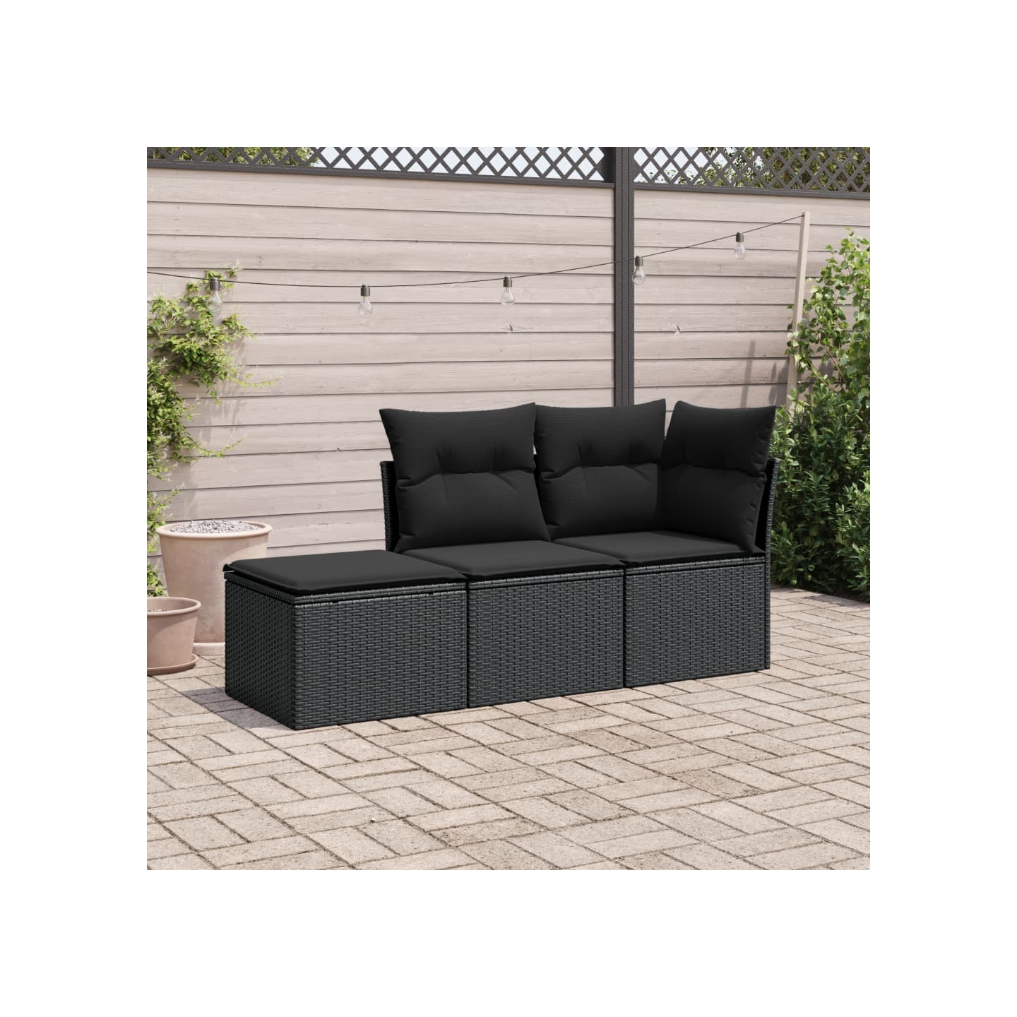 Salon de jardin 3 pcs avec coussins noir résine tressée