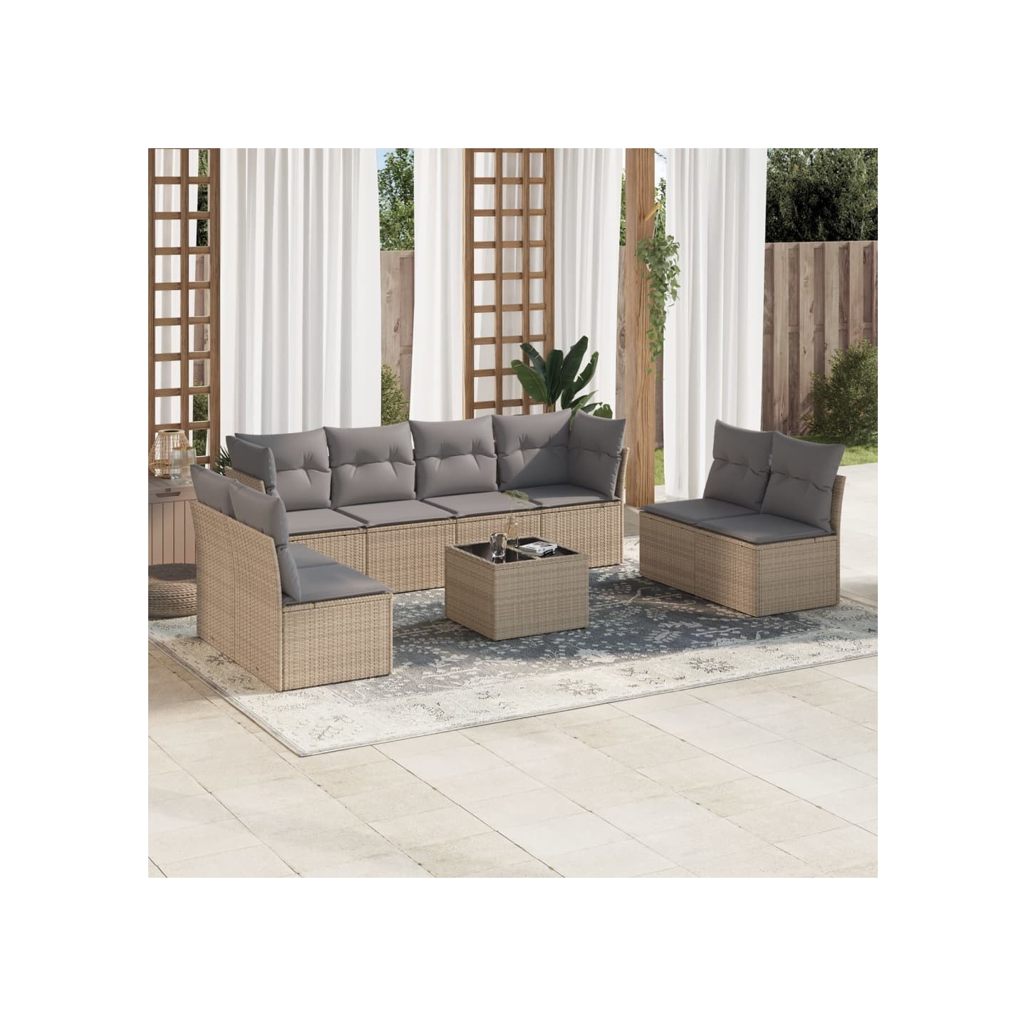 Salon de jardin avec coussins 9 pcs beige résine tressée