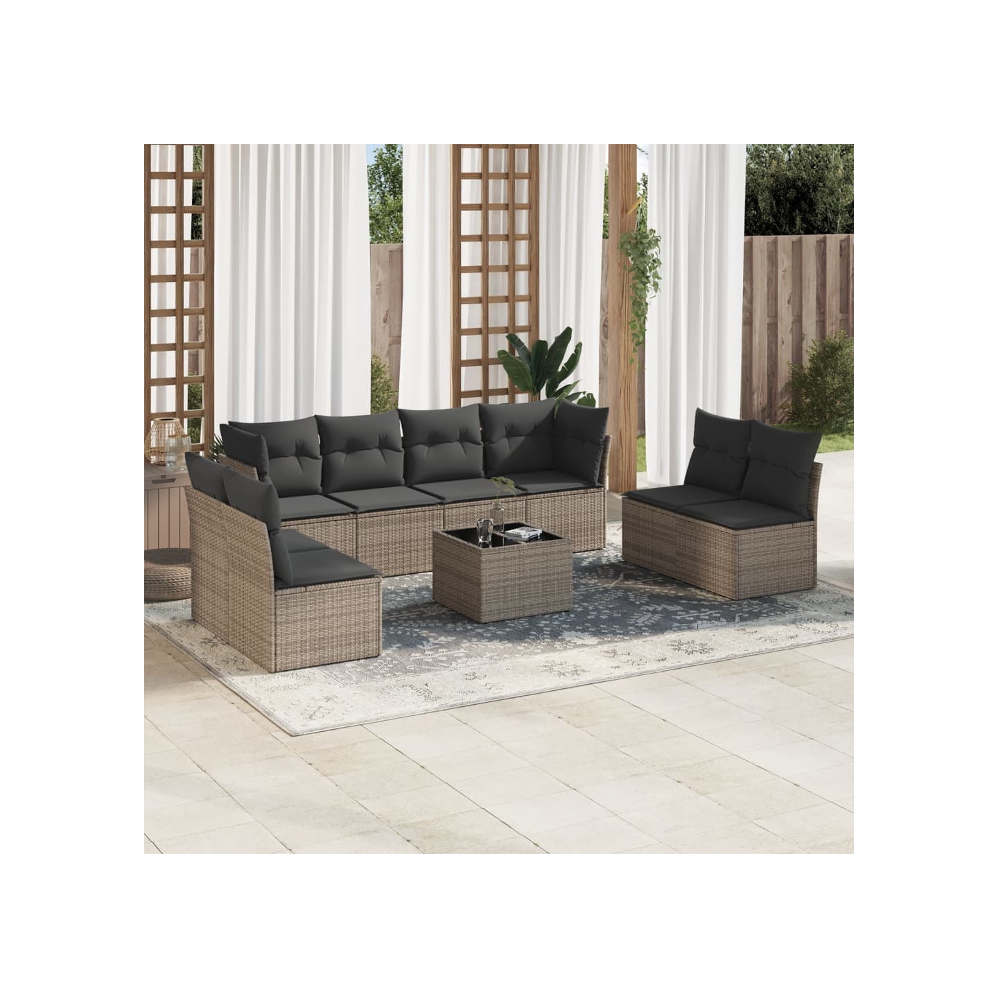 Salon de jardin 9 pcs avec coussins gris résine tressée