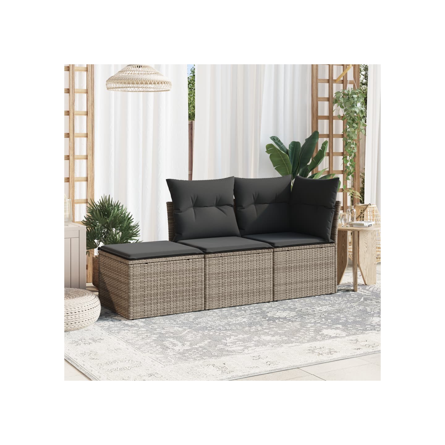 Salon de jardin avec coussins 3 pcs gris résine tressée