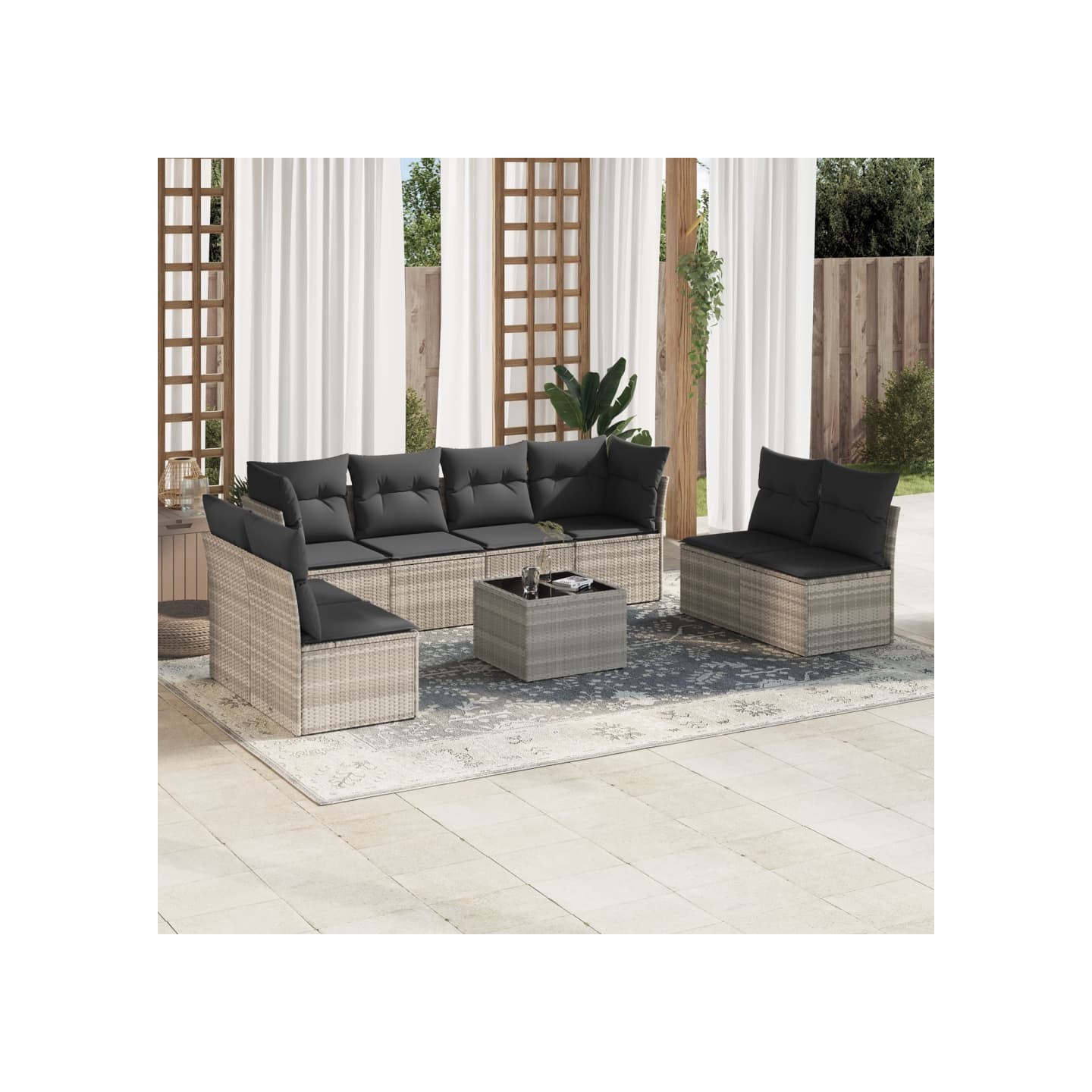Salon de jardin 9 pcs avec coussins gris clair résine tressée