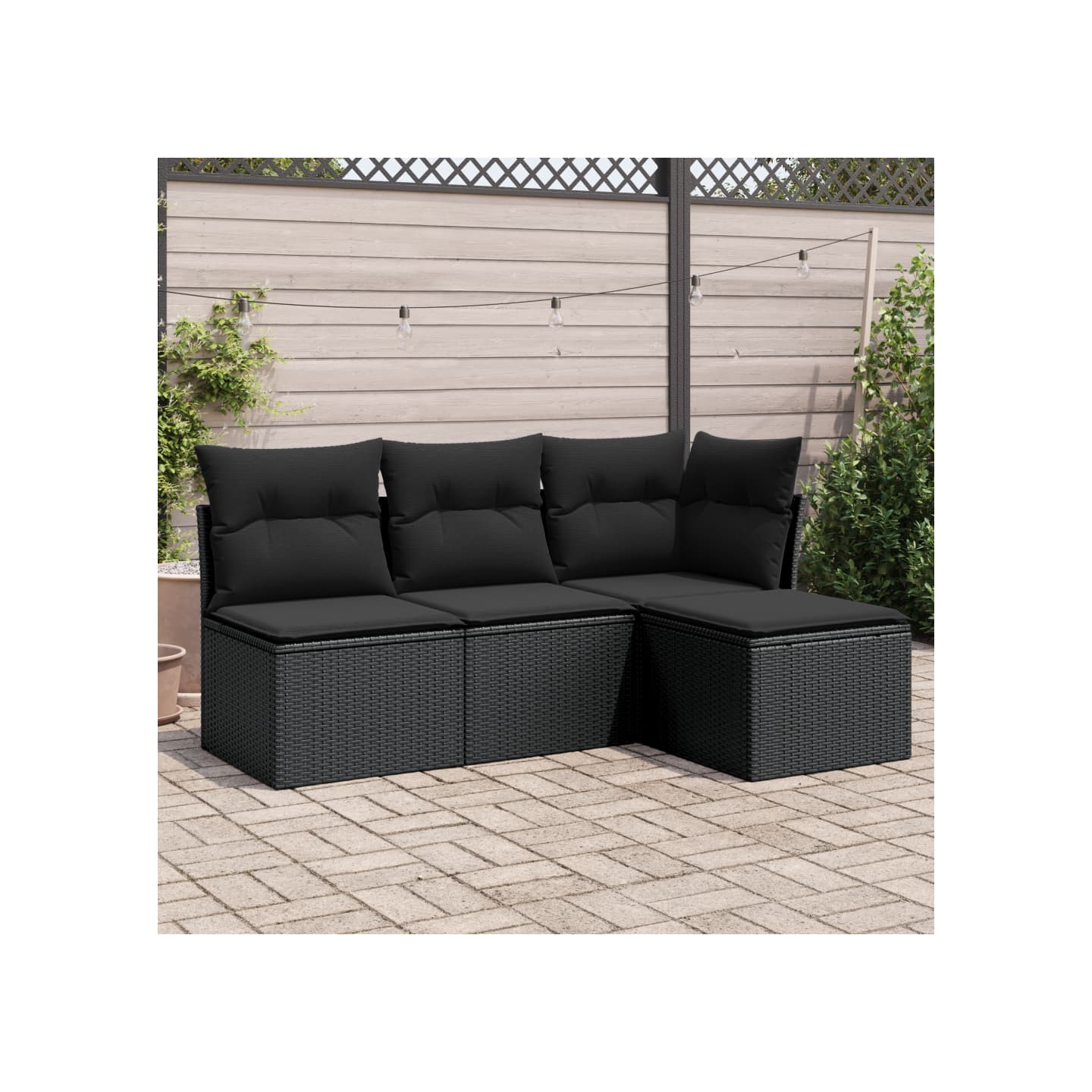 Salon de jardin 4 pcs avec coussins noir résine tressée