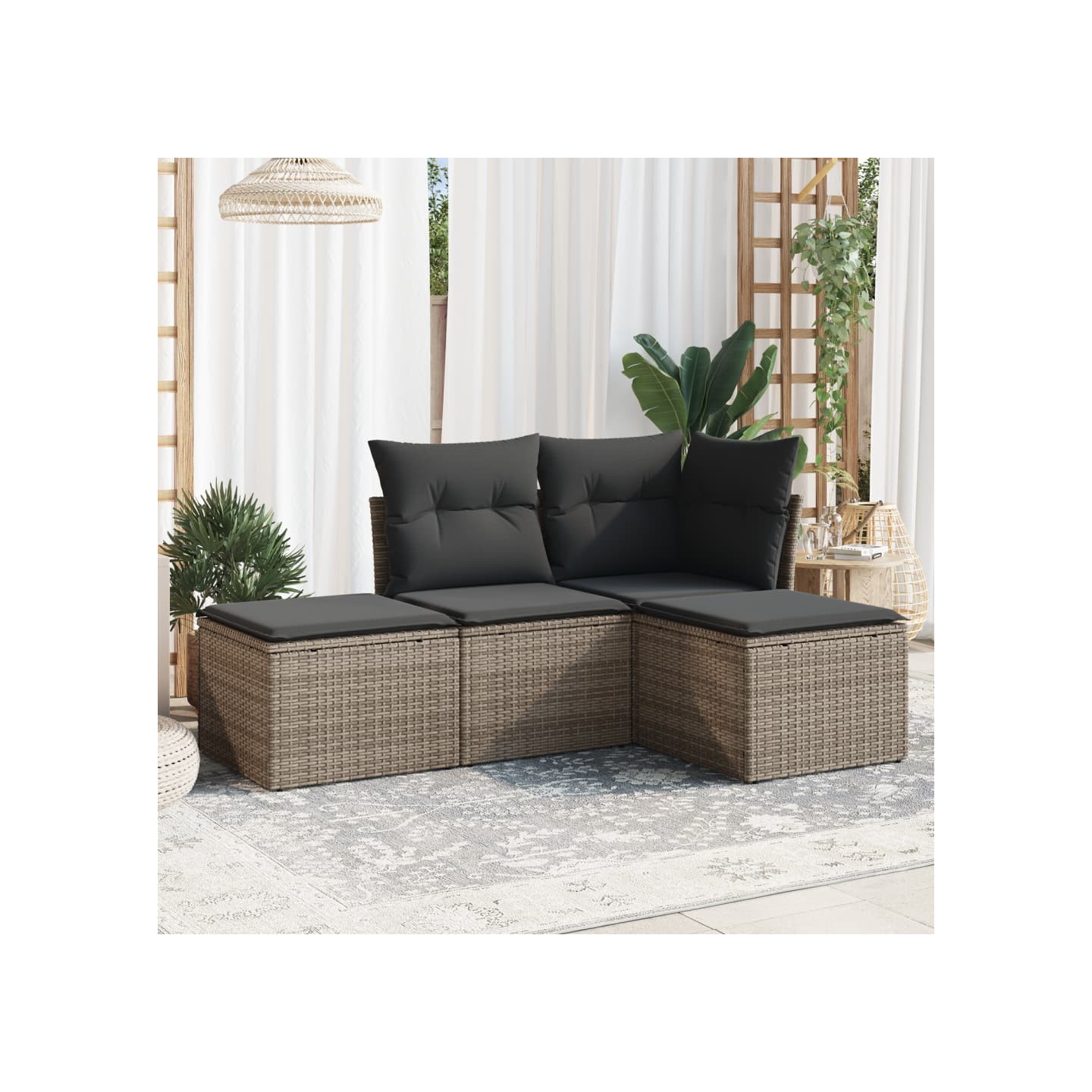 Salon de jardin 4 pcs avec coussins gris résine tressée
