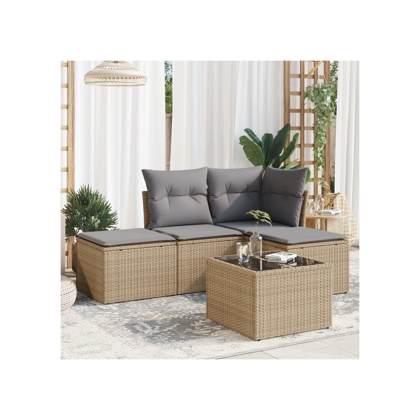 Salon de jardin avec coussins 5 pcs beige résine tressée