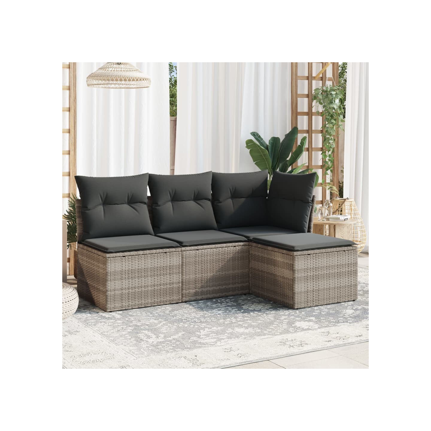 Salon de jardin 4 pcs avec coussins gris clair résine tressée