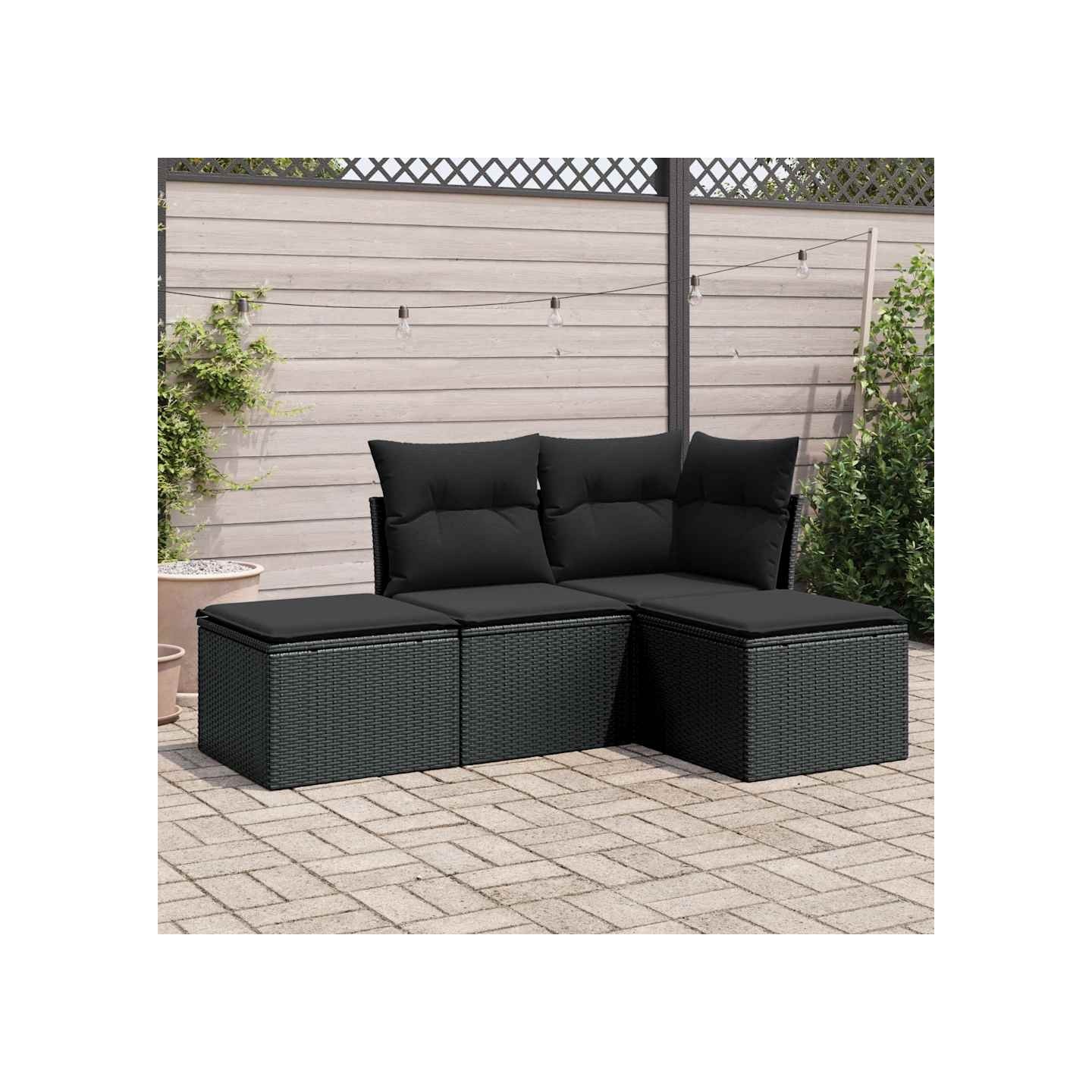 Salon de jardin 4 pcs avec coussins noir résine tressée