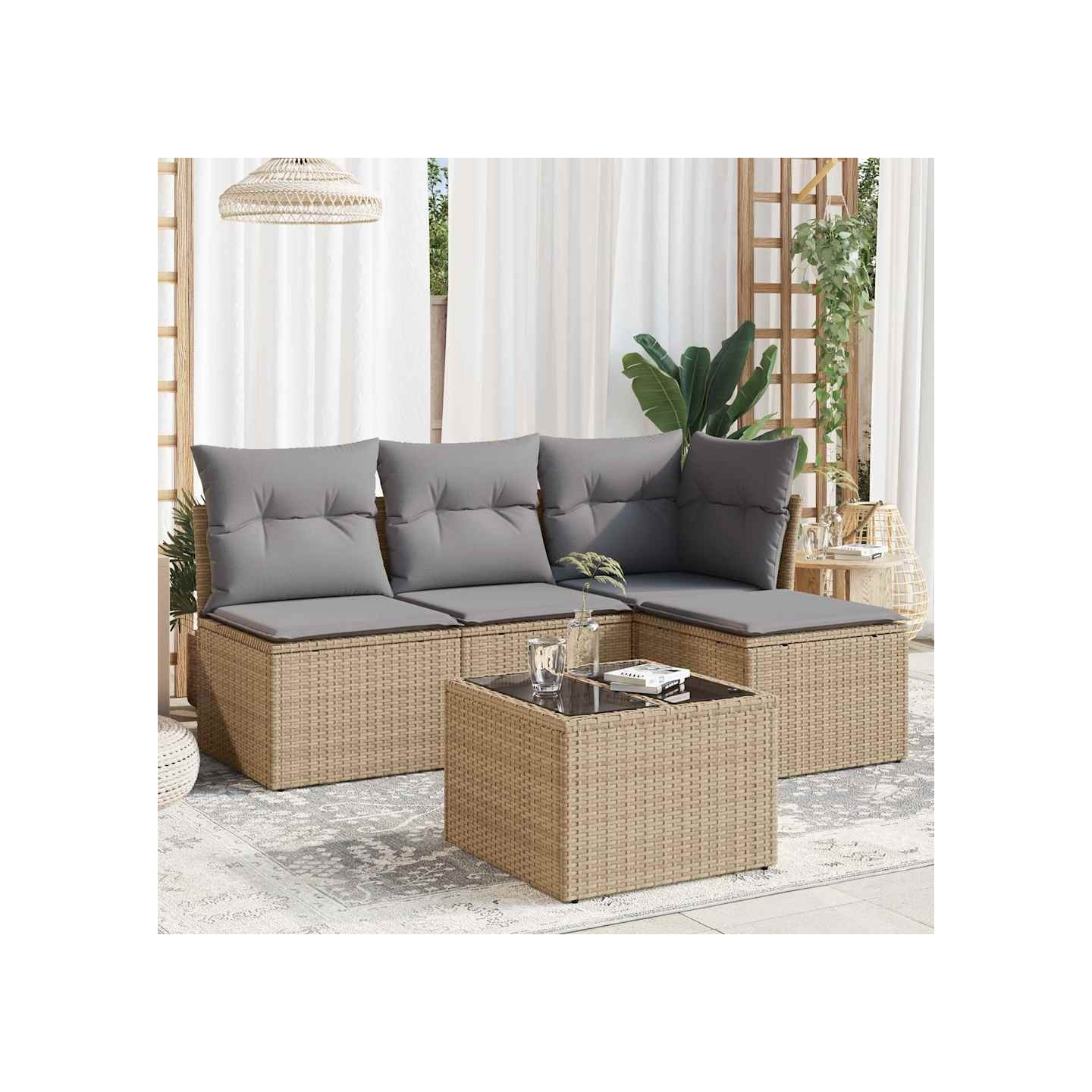 Salon de jardin avec coussins 5 pcs beige résine tressée