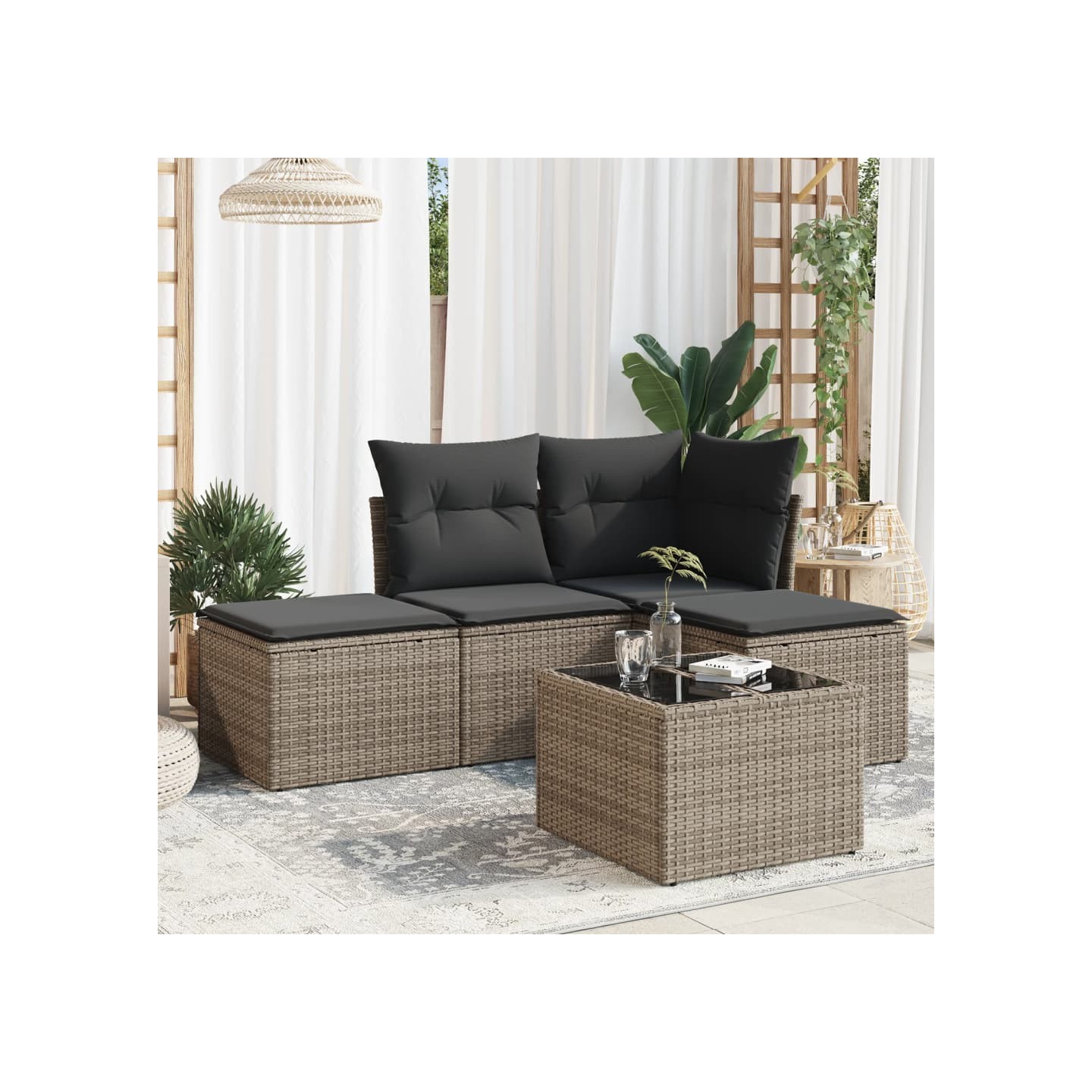 Salon de jardin 5 pcs avec coussins gris résine tressée