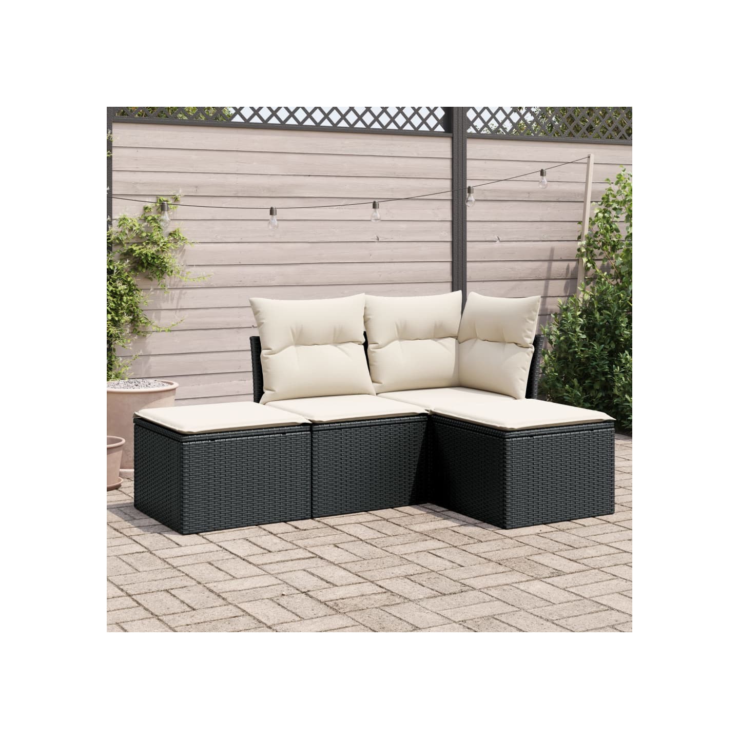 Salon de jardin 4 pcs avec coussins noir résine tressée