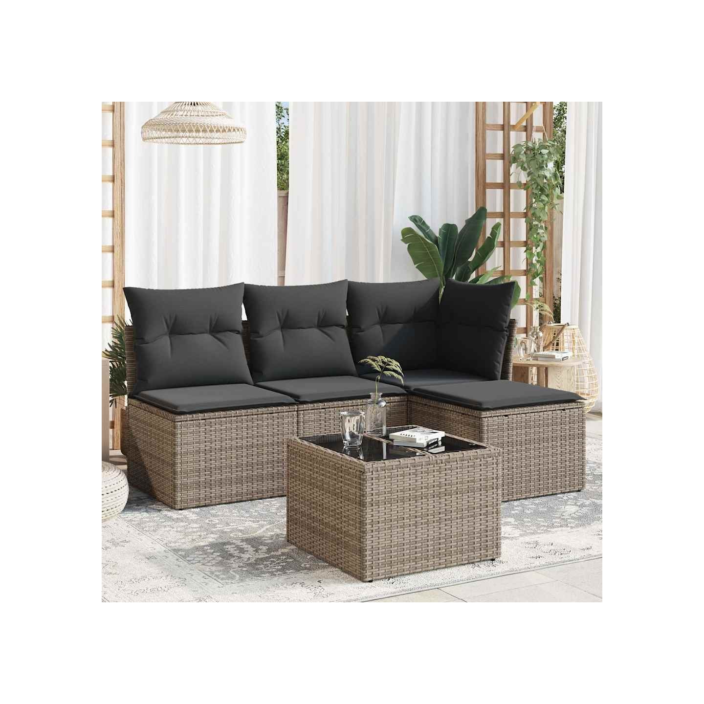 Salon de jardin 5 pcs avec coussins gris résine tressée