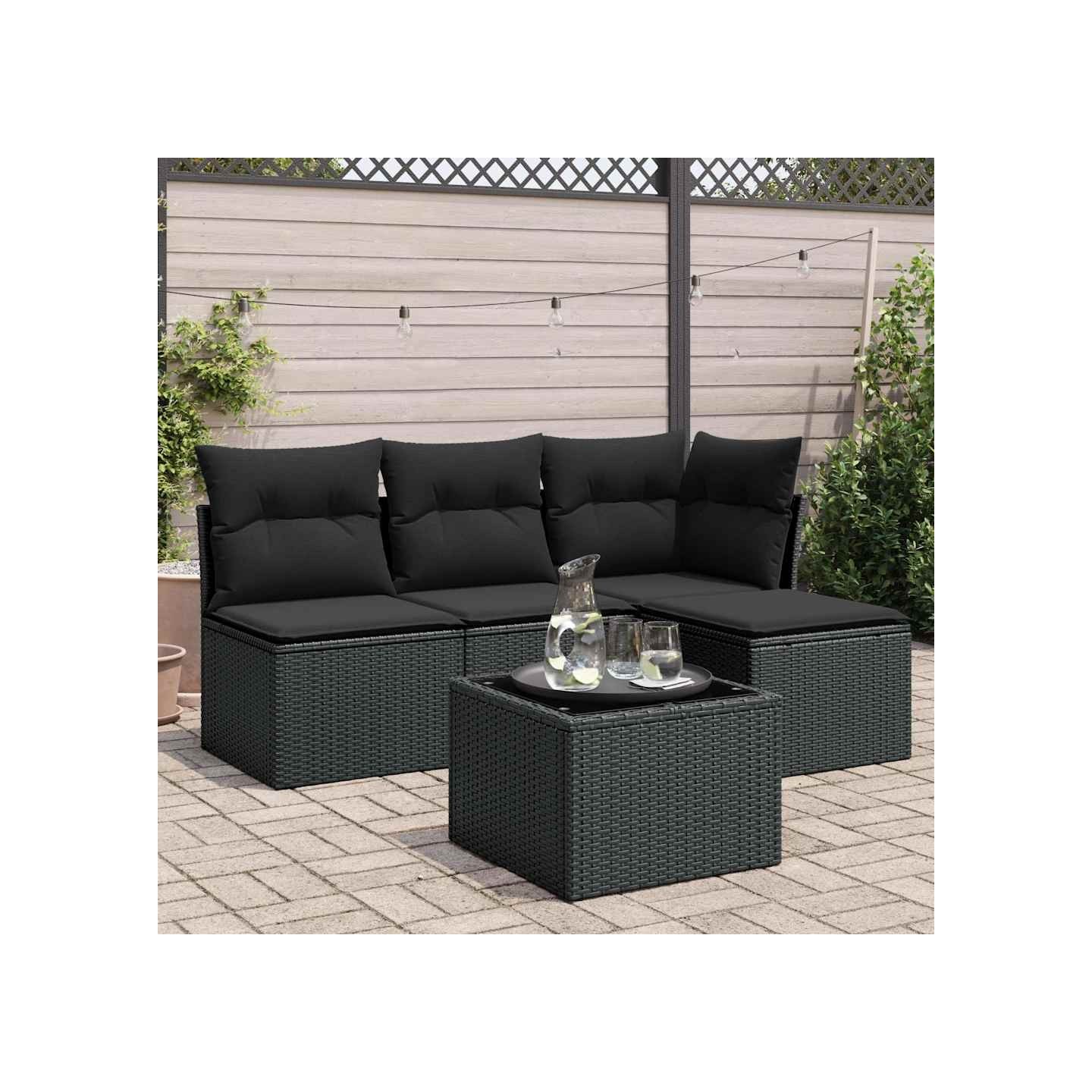 Salon de jardin 5 pcs avec coussins noir résine tressée