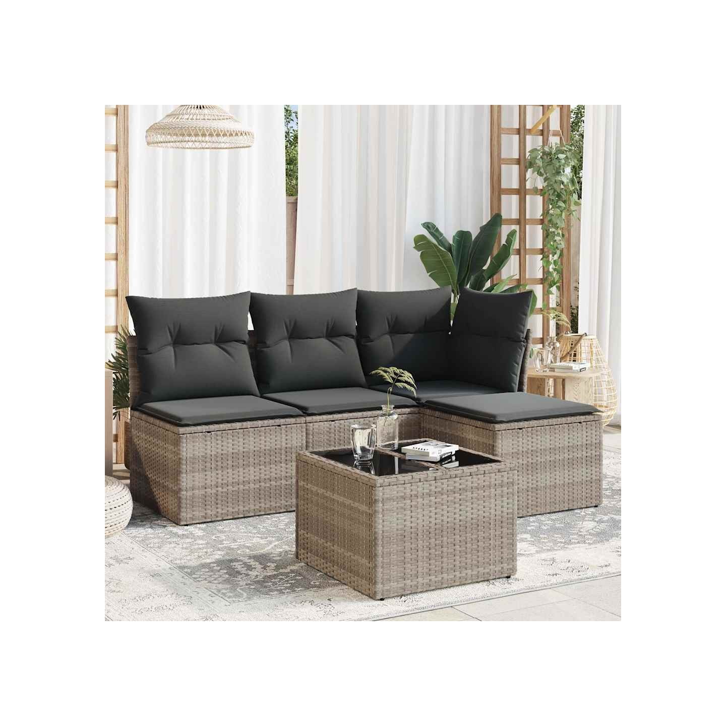 Salon de jardin 5 pcs avec coussins gris clair résine tressée