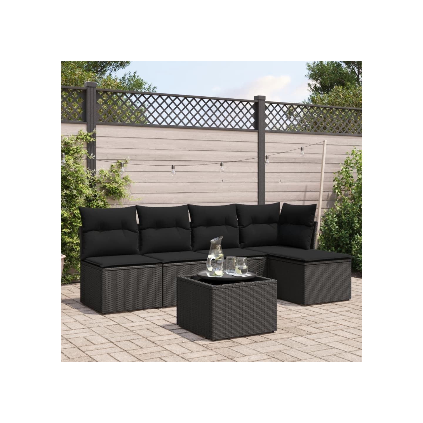 Salon de jardin 6 pcs avec coussins noir résine tressée