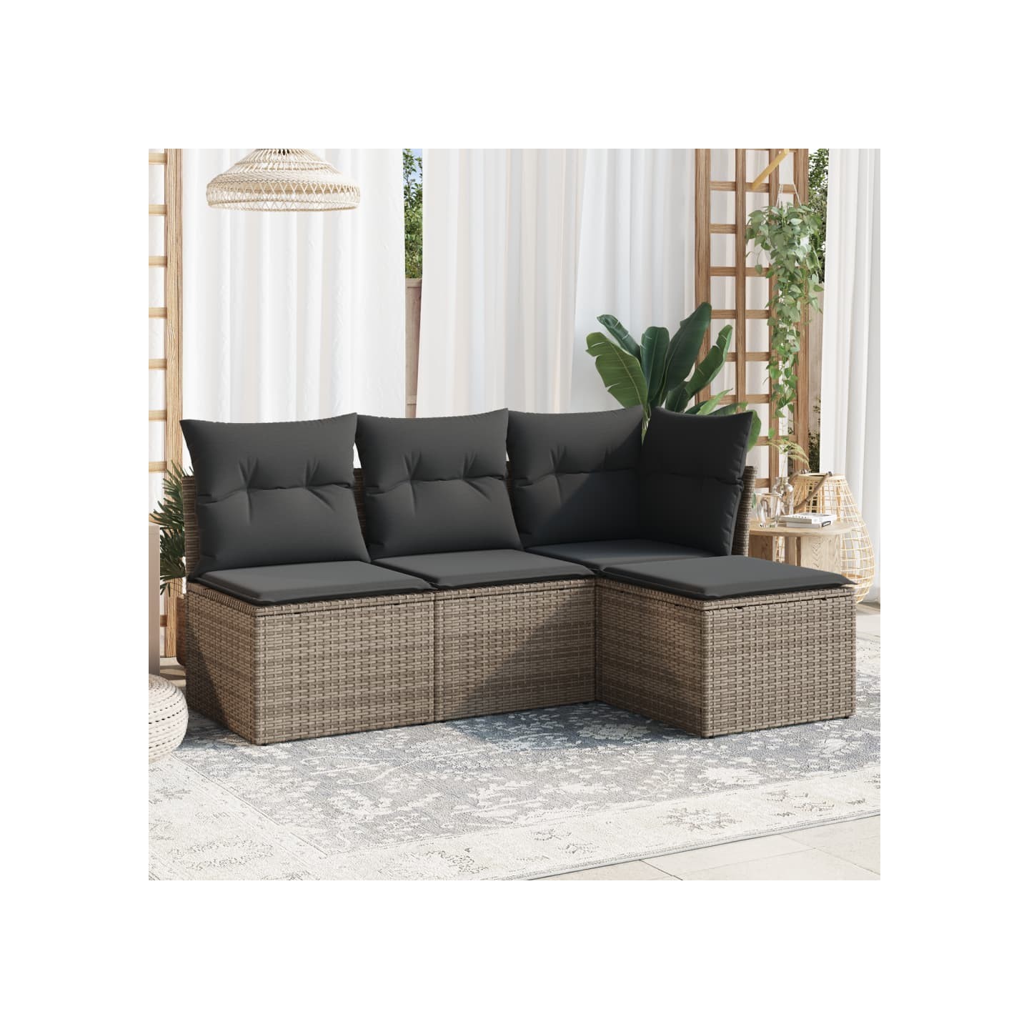 Salon de jardin 4 pcs avec coussins gris résine tressée