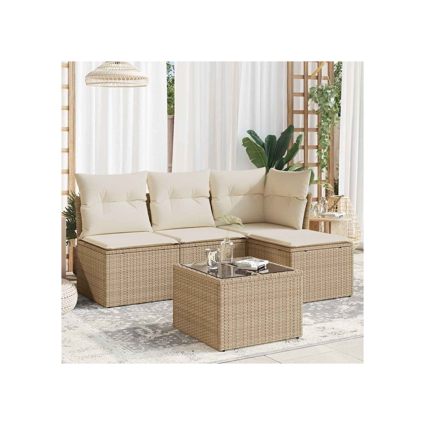 Salon de jardin avec coussins 5 pcs beige résine tressée