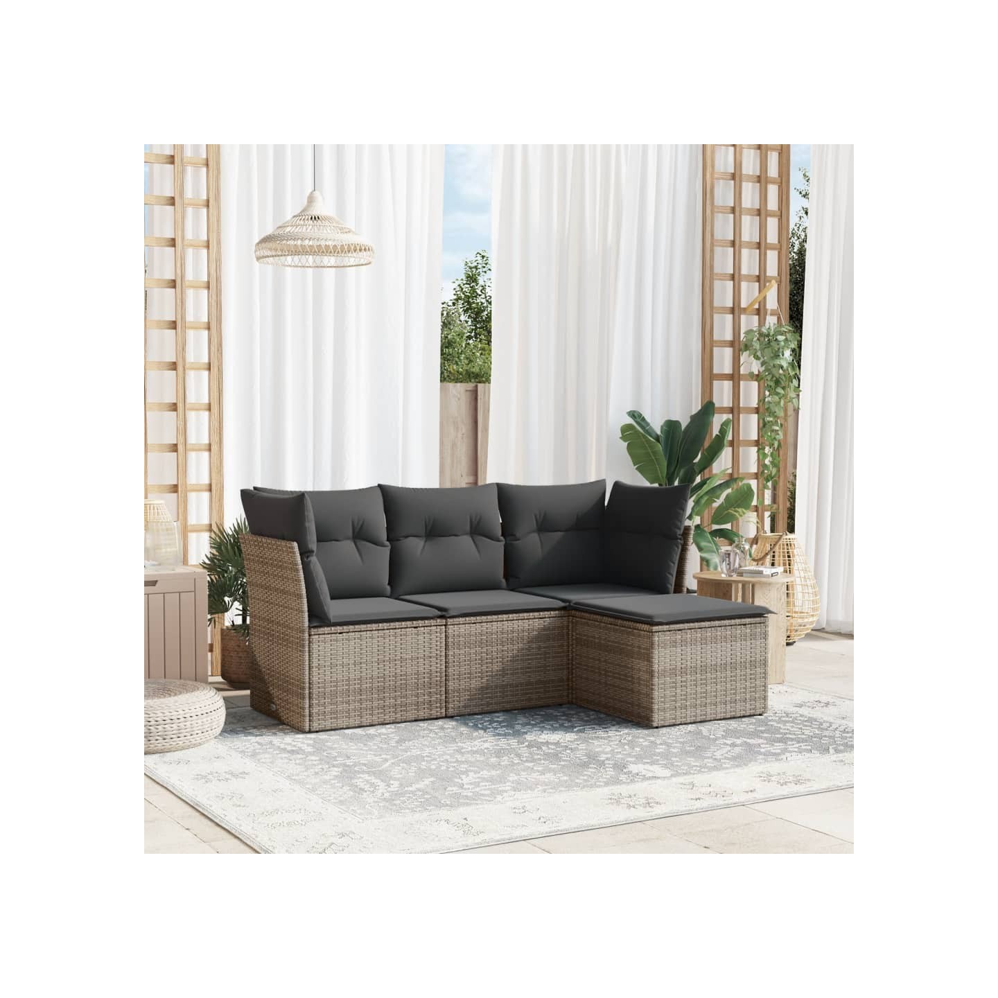 Salon de jardin 4 pcs avec coussins gris résine tressée