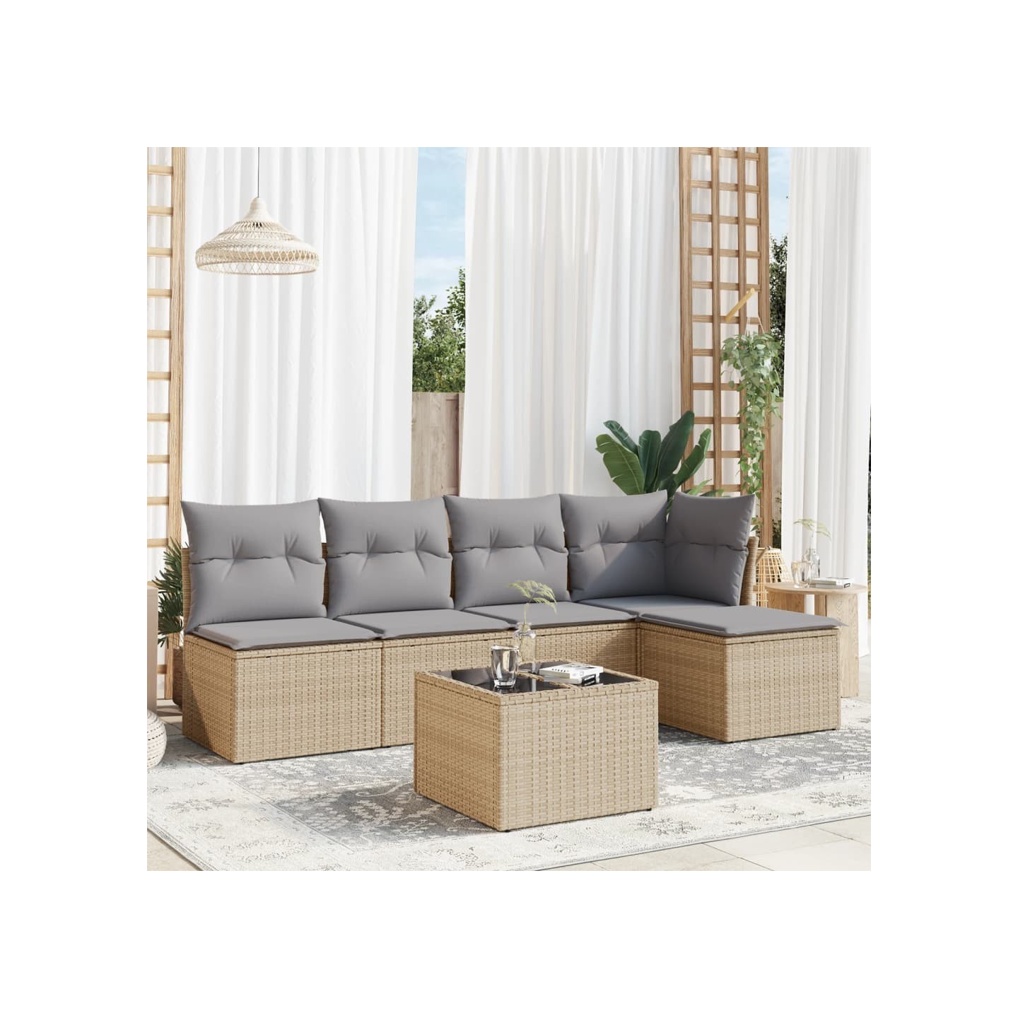 Salon de jardin avec coussins 6 pcs beige résine tressée