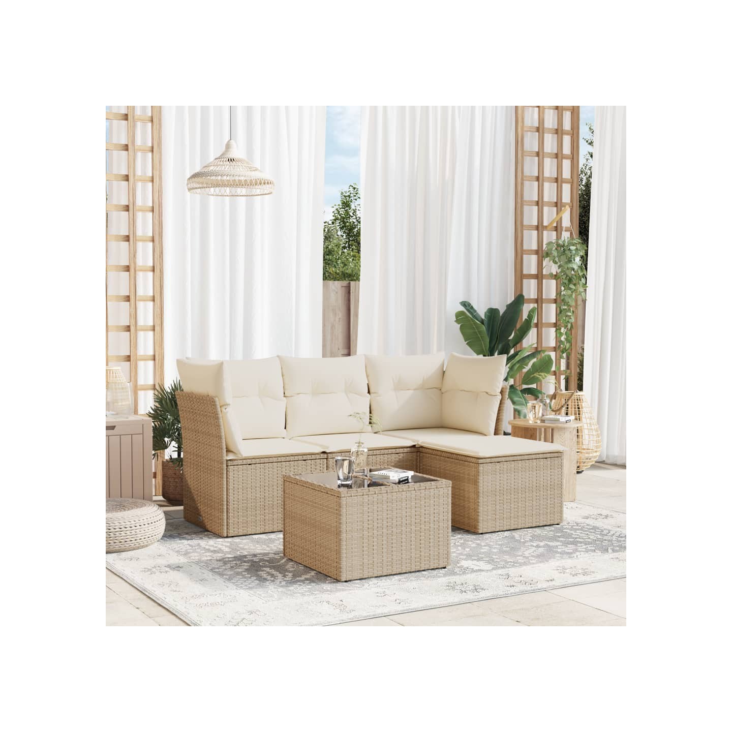 Salon de jardin avec coussins 5 pcs beige résine tressée