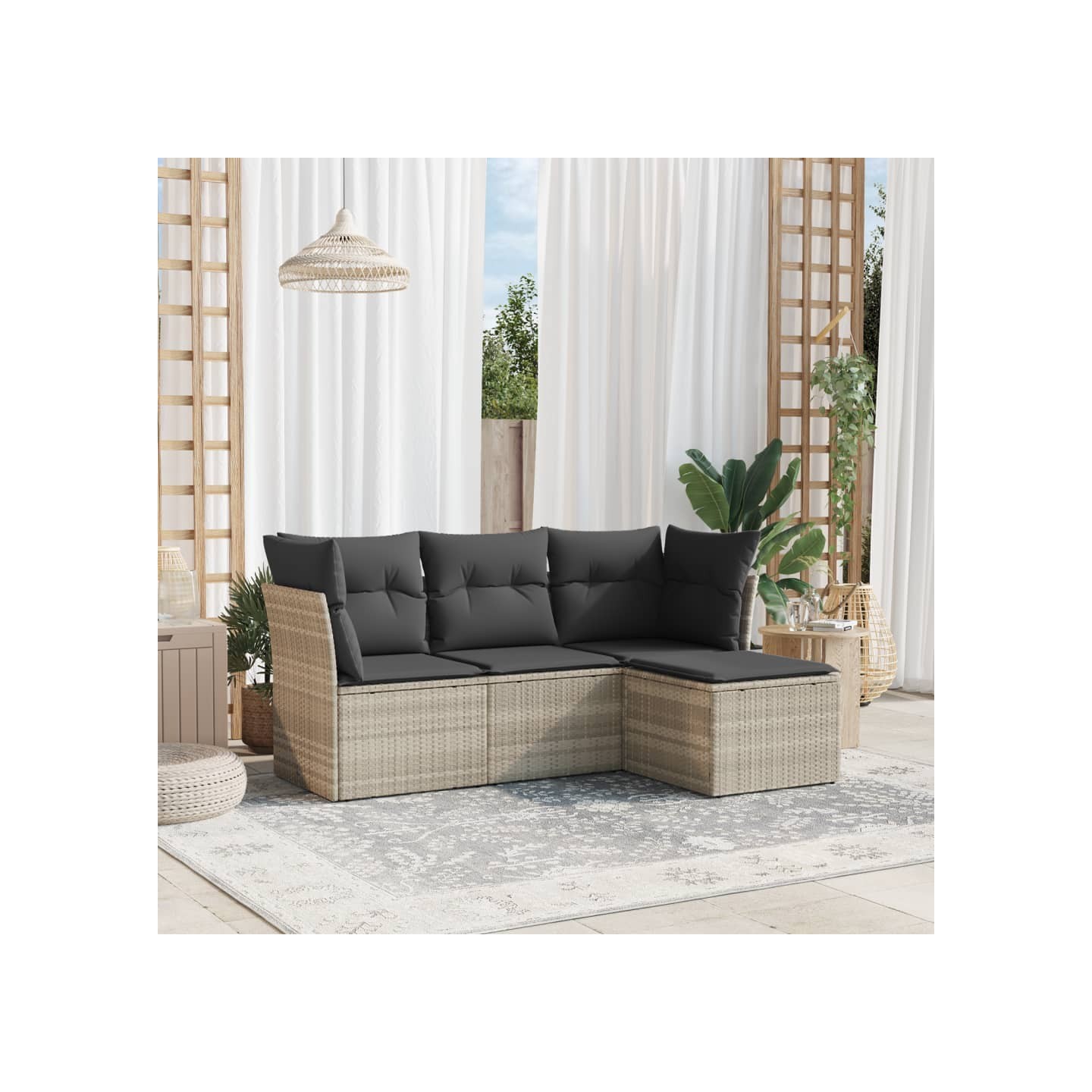 Salon de jardin 4 pcs avec coussins gris clair résine tressée