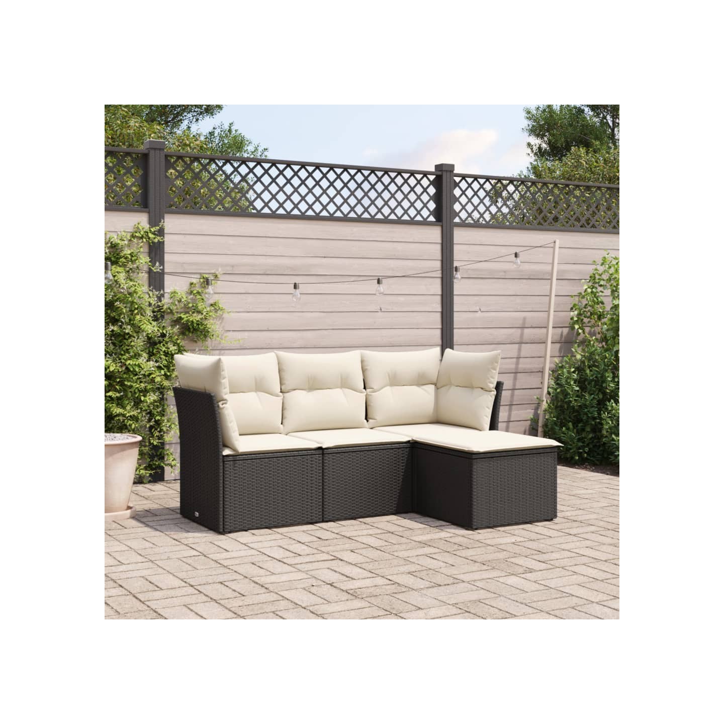 Salon de jardin 4 pcs avec coussins noir résine tressée