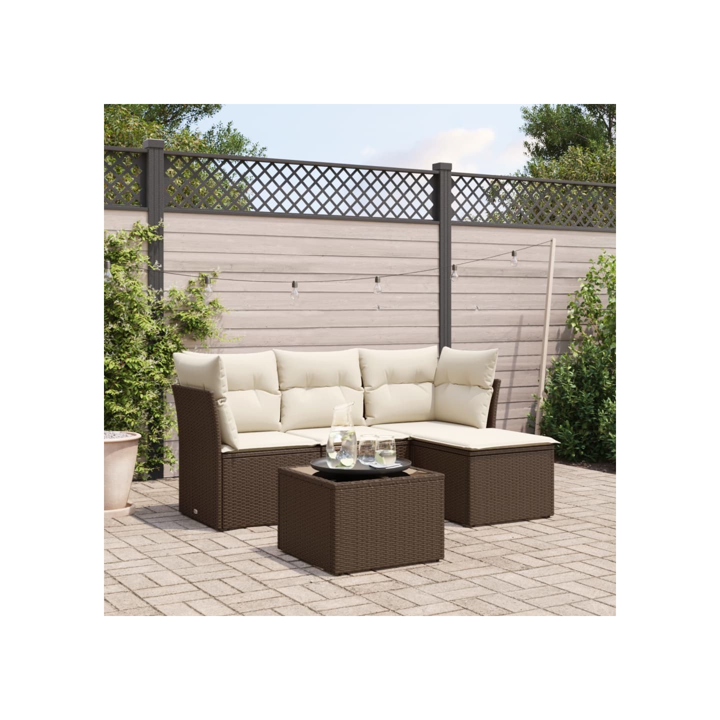 Salon de jardin avec coussins 5 pcs marron résine tressée