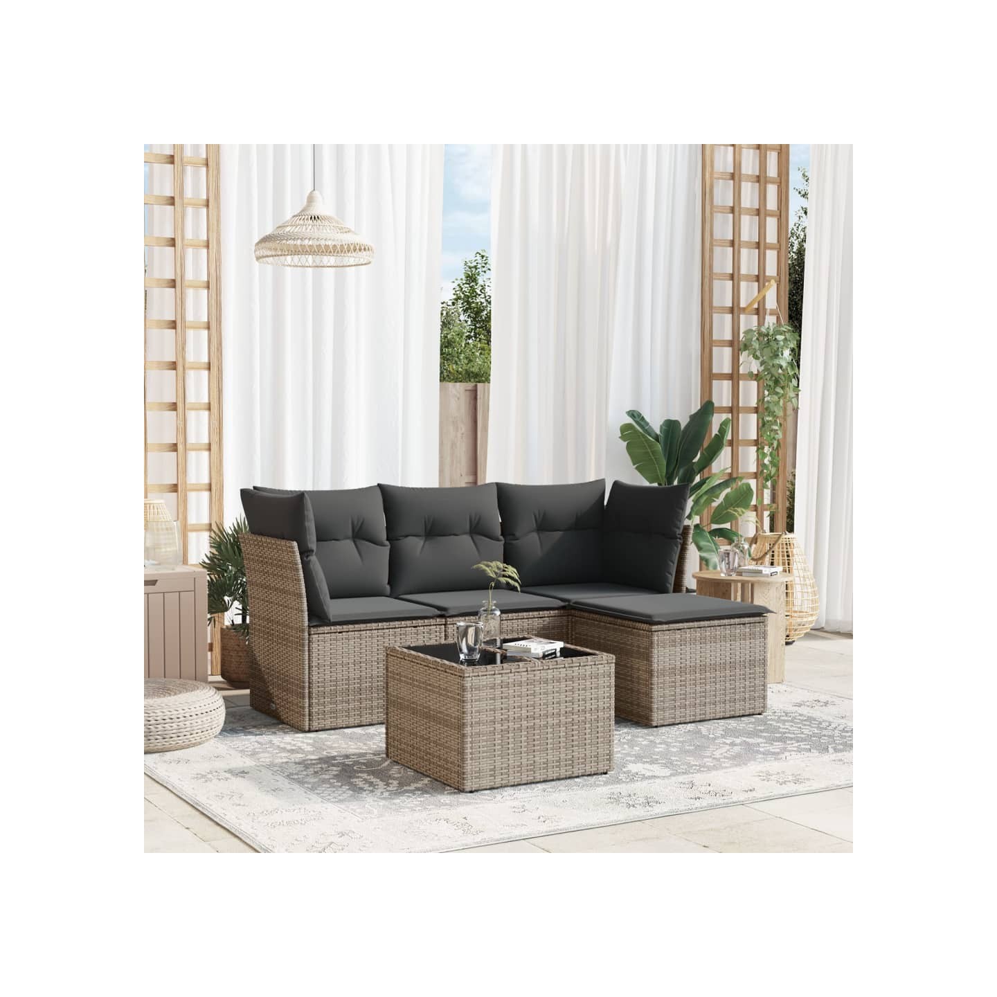 Salon de jardin 5 pcs avec coussins gris résine tressée