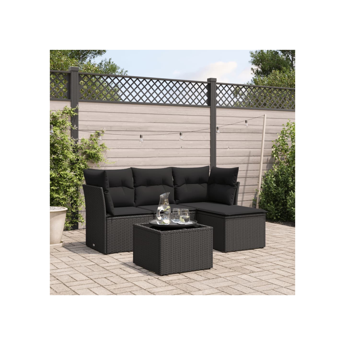 Salon de jardin 5 pcs avec coussins noir résine tressée