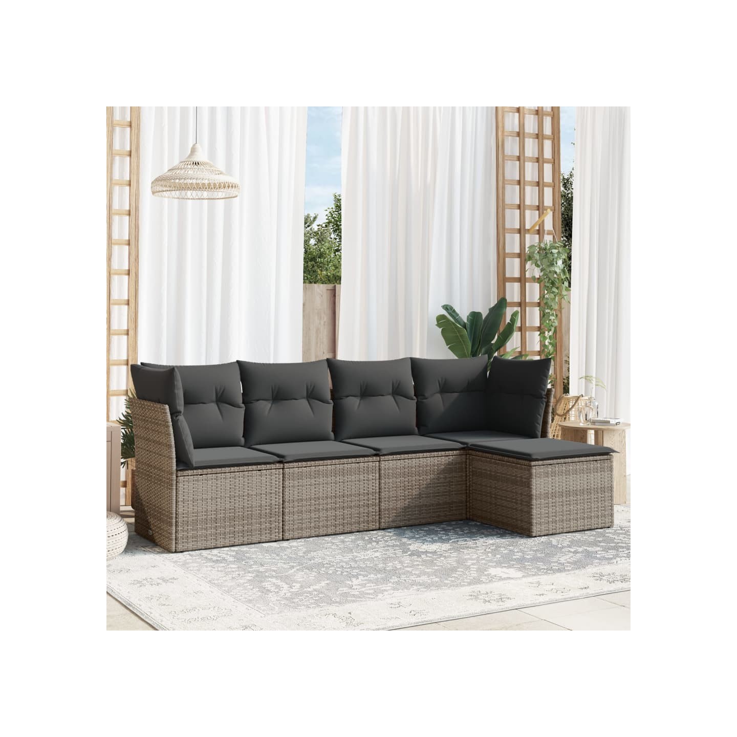 Salon de jardin 5 pcs avec coussins gris résine tressée