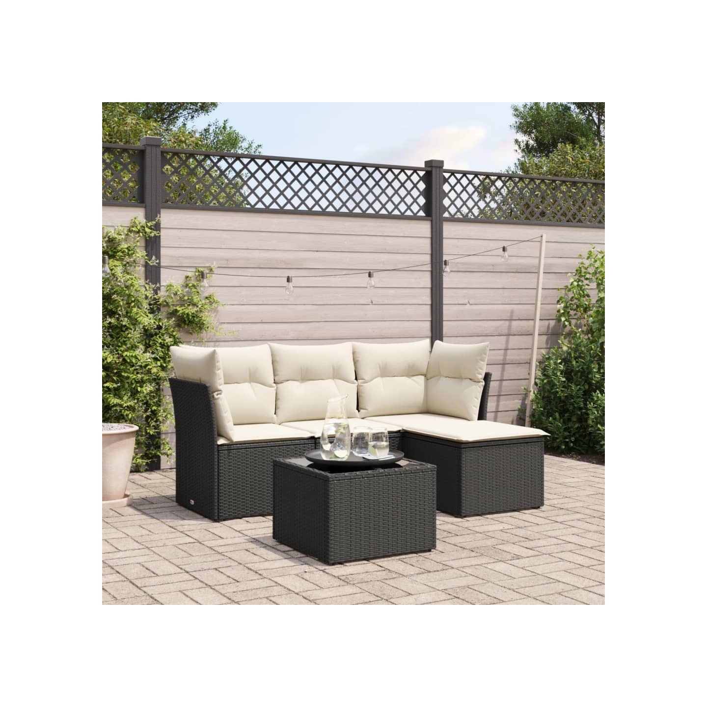 Salon de jardin 5 pcs avec coussins noir résine tressée