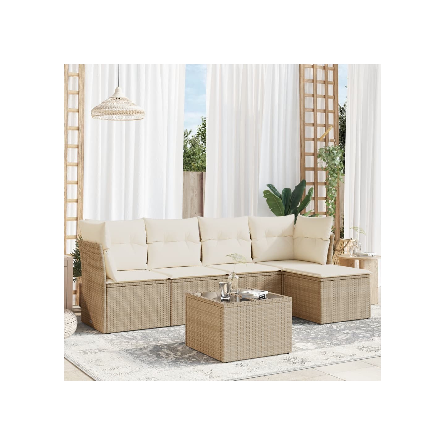 Salon de jardin avec coussins 6 pcs beige résine tressée