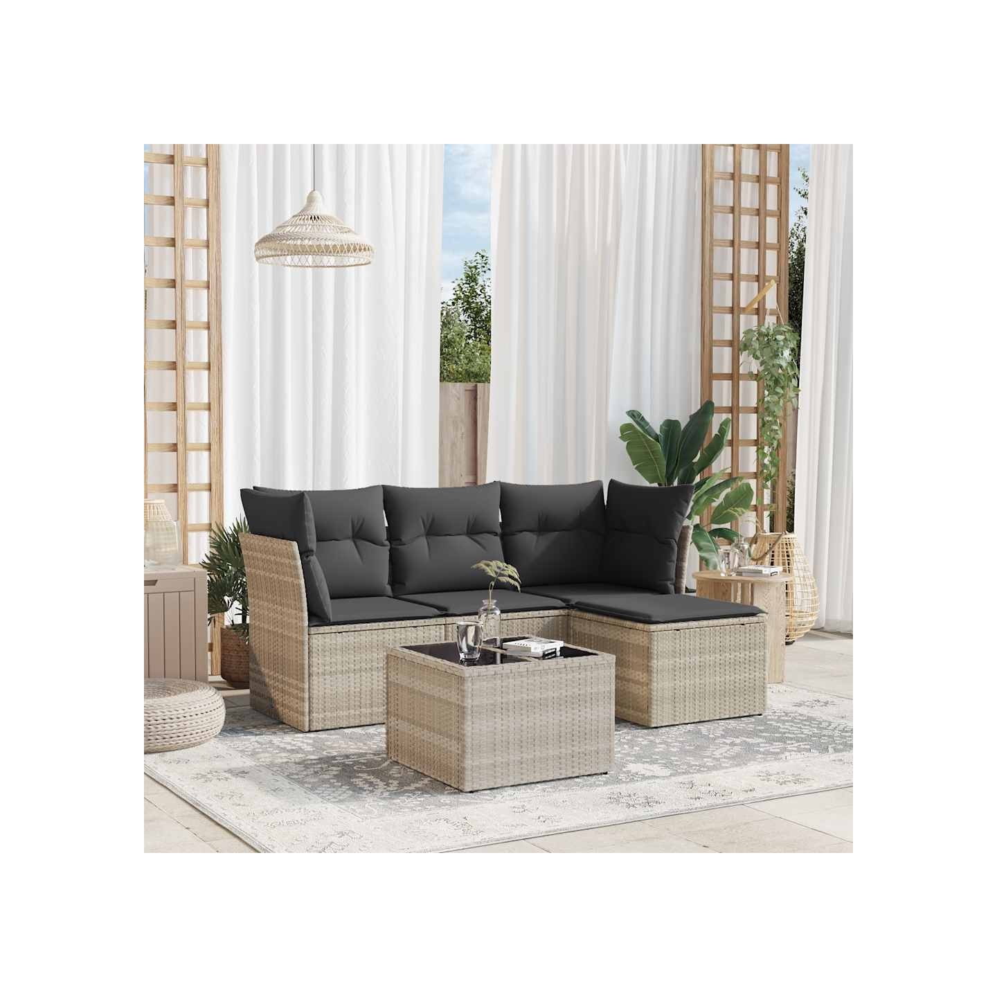 Salon de jardin 5 pcs avec coussins gris clair résine tressée