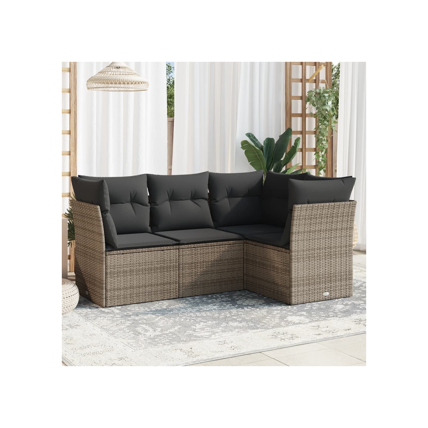 Salon de jardin 4 pcs avec coussins gris résine tressée
