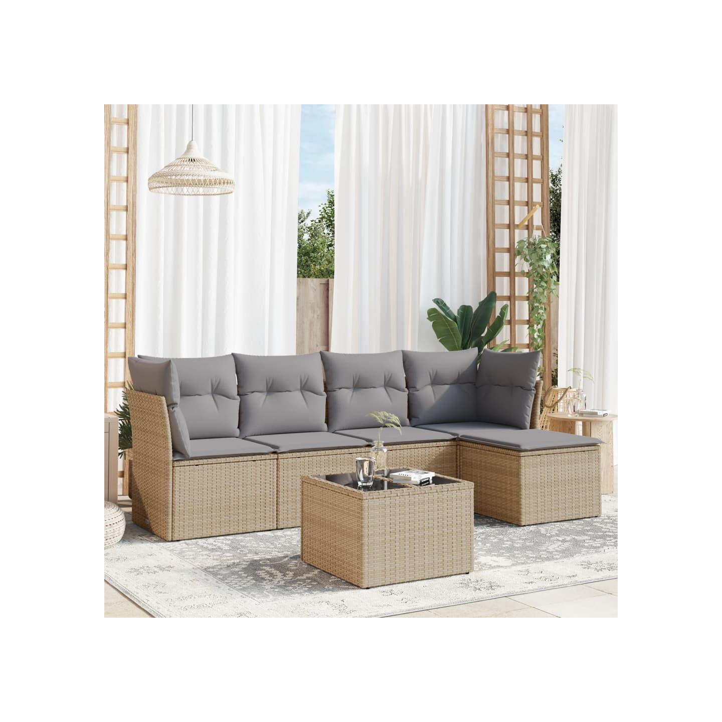Salon de jardin avec coussins 6 pcs beige résine tressée