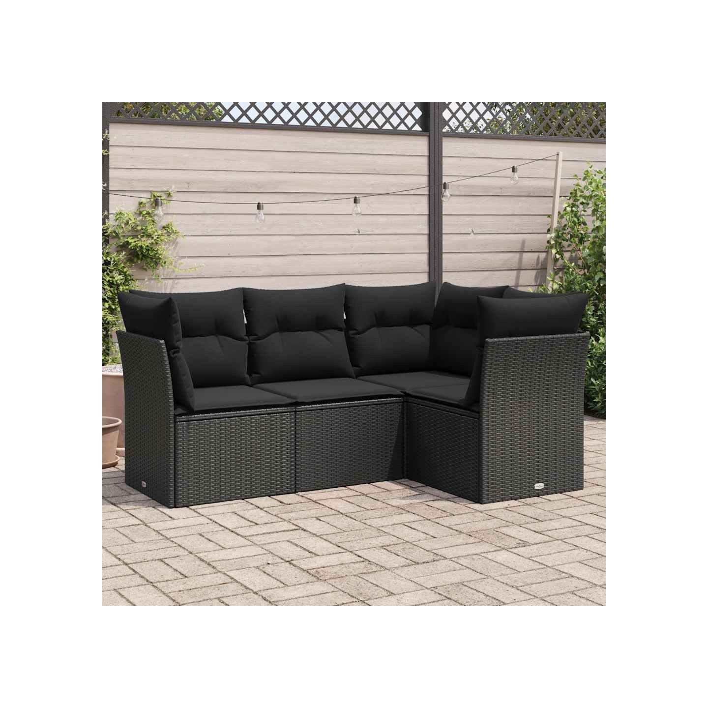Salon de jardin 4 pcs avec coussins noir résine tressée
