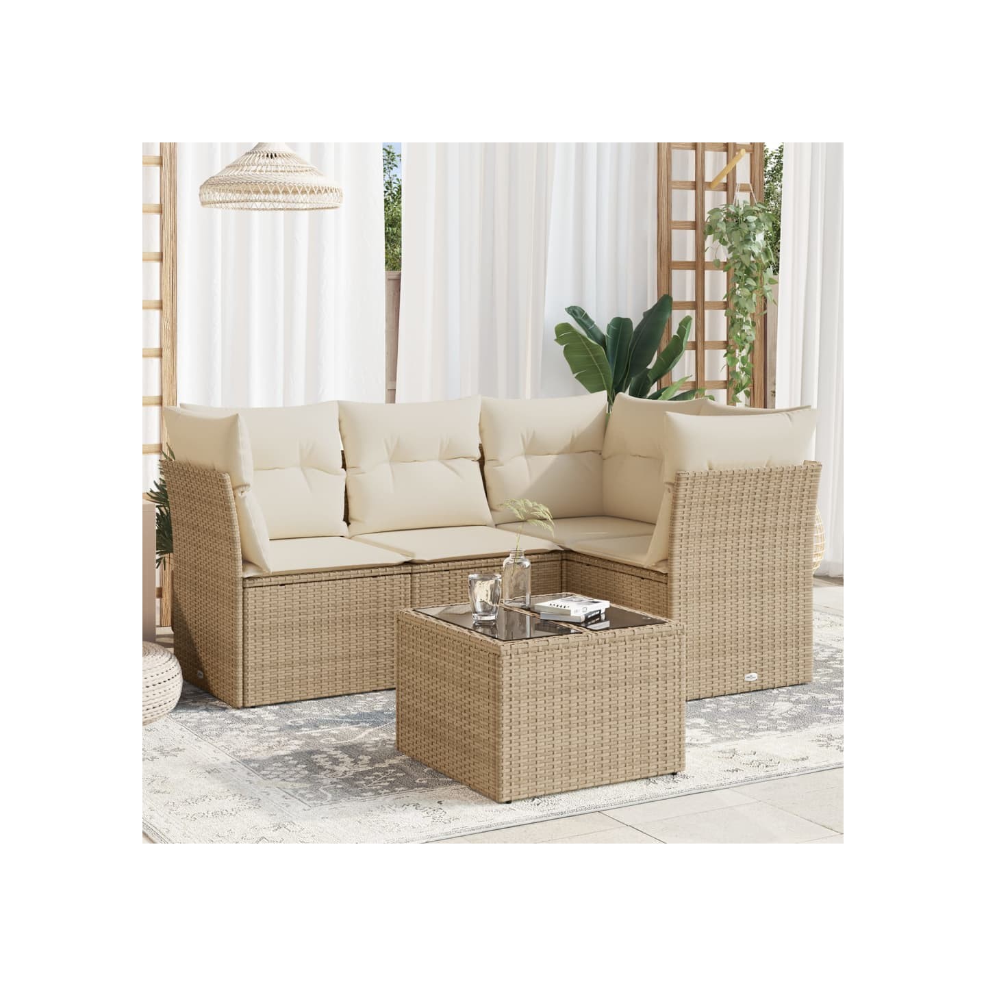Salon de jardin avec coussins 5 pcs beige résine tressée