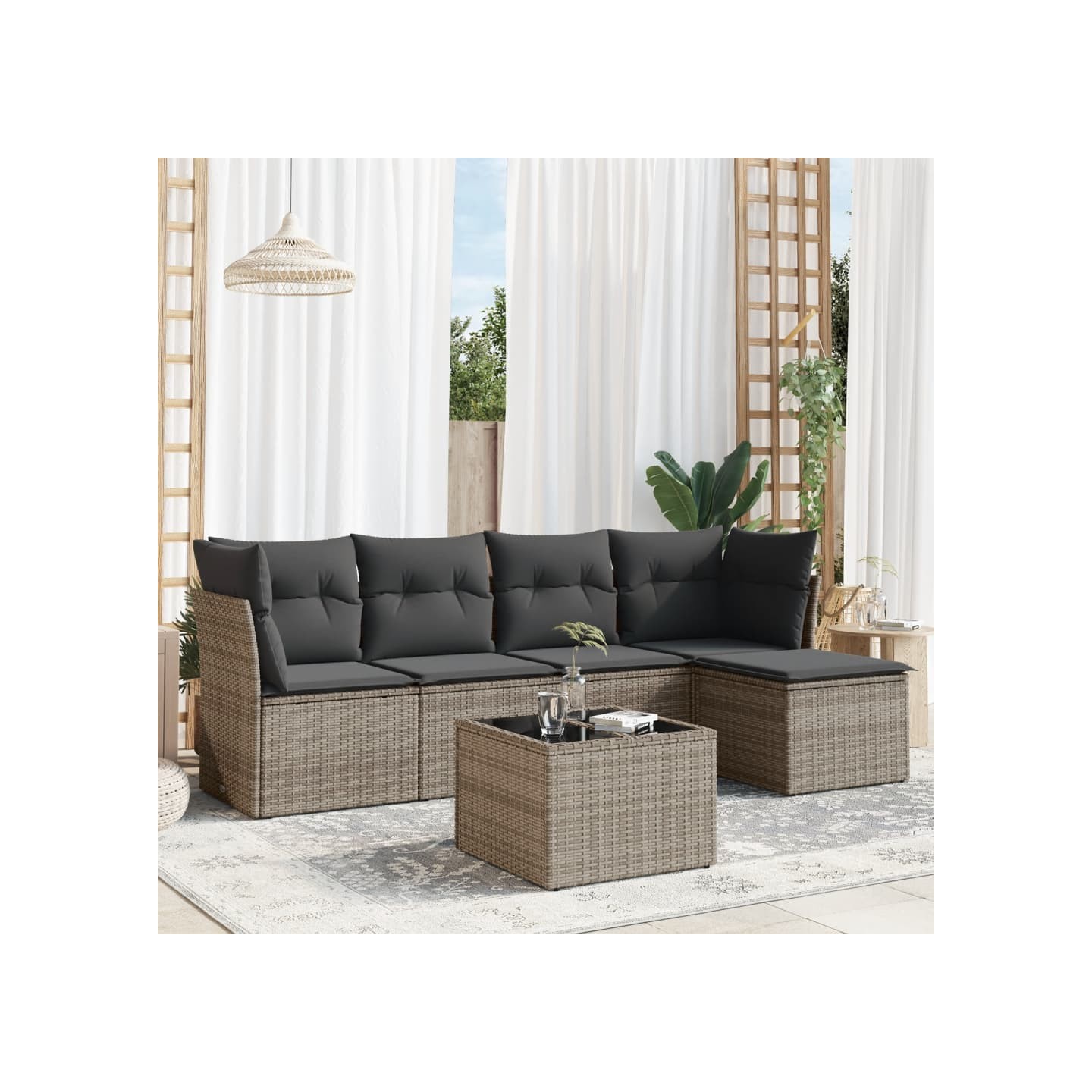 Salon de jardin 6 pcs avec coussins gris résine tressée