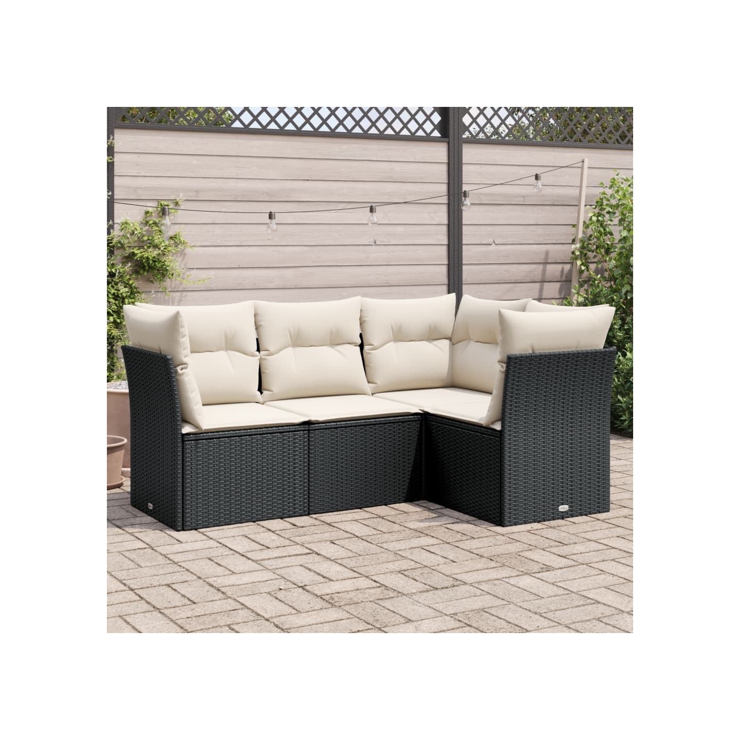 Salon de jardin 4 pcs avec coussins noir résine tressée