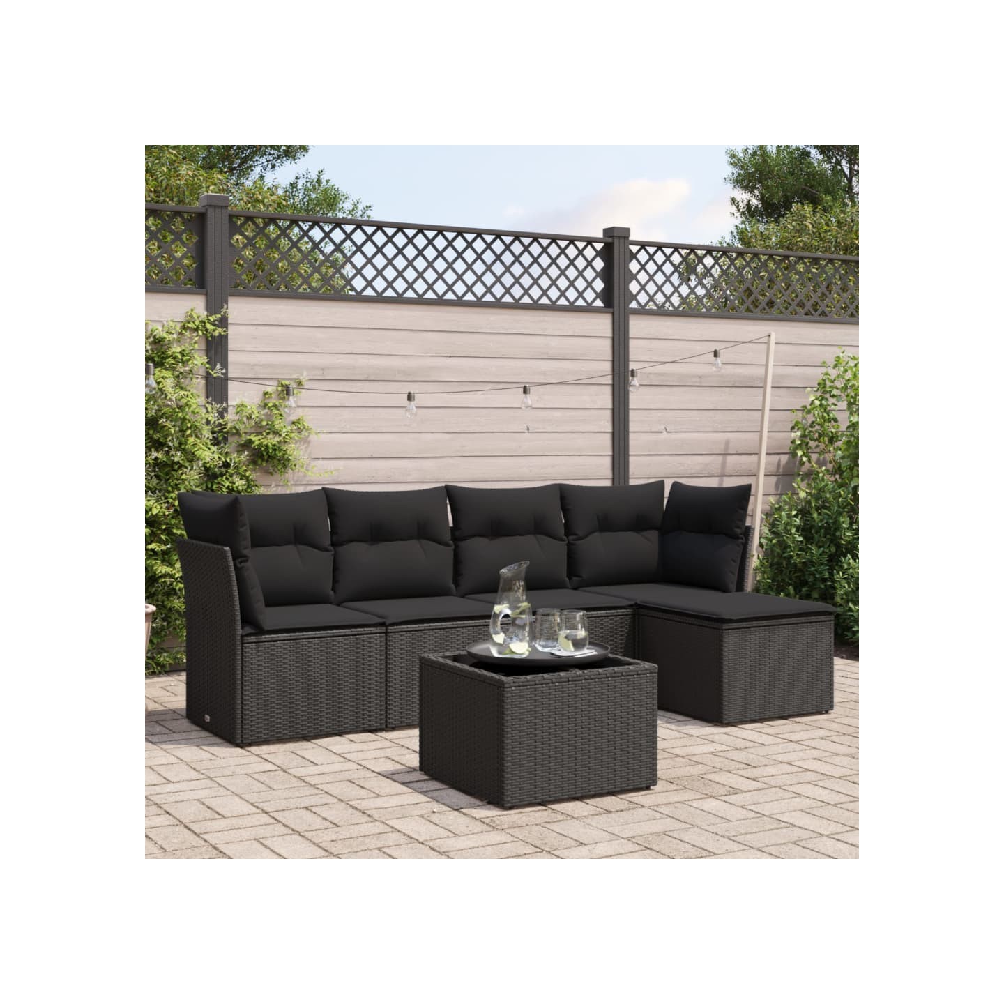 Salon de jardin 6 pcs avec coussins noir résine tressée