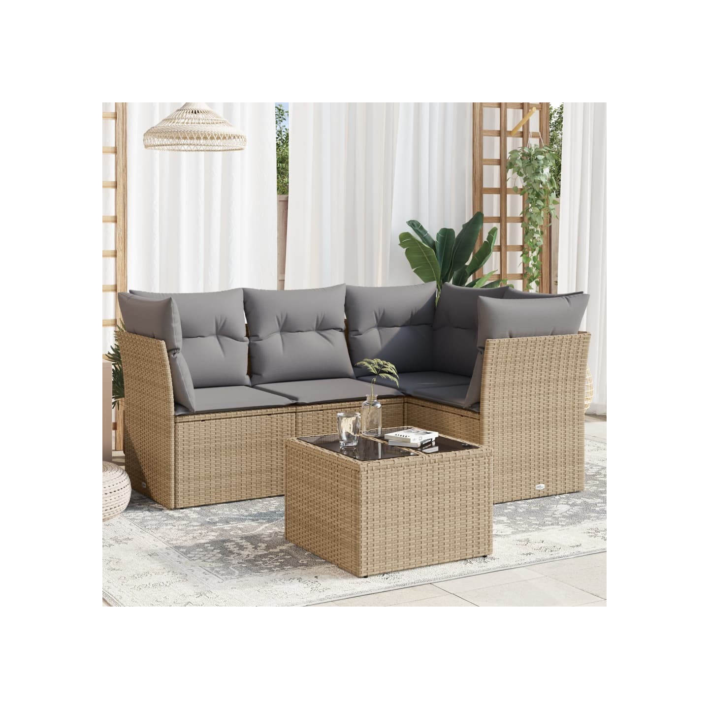 Salon de jardin avec coussins 5 pcs beige résine tressée