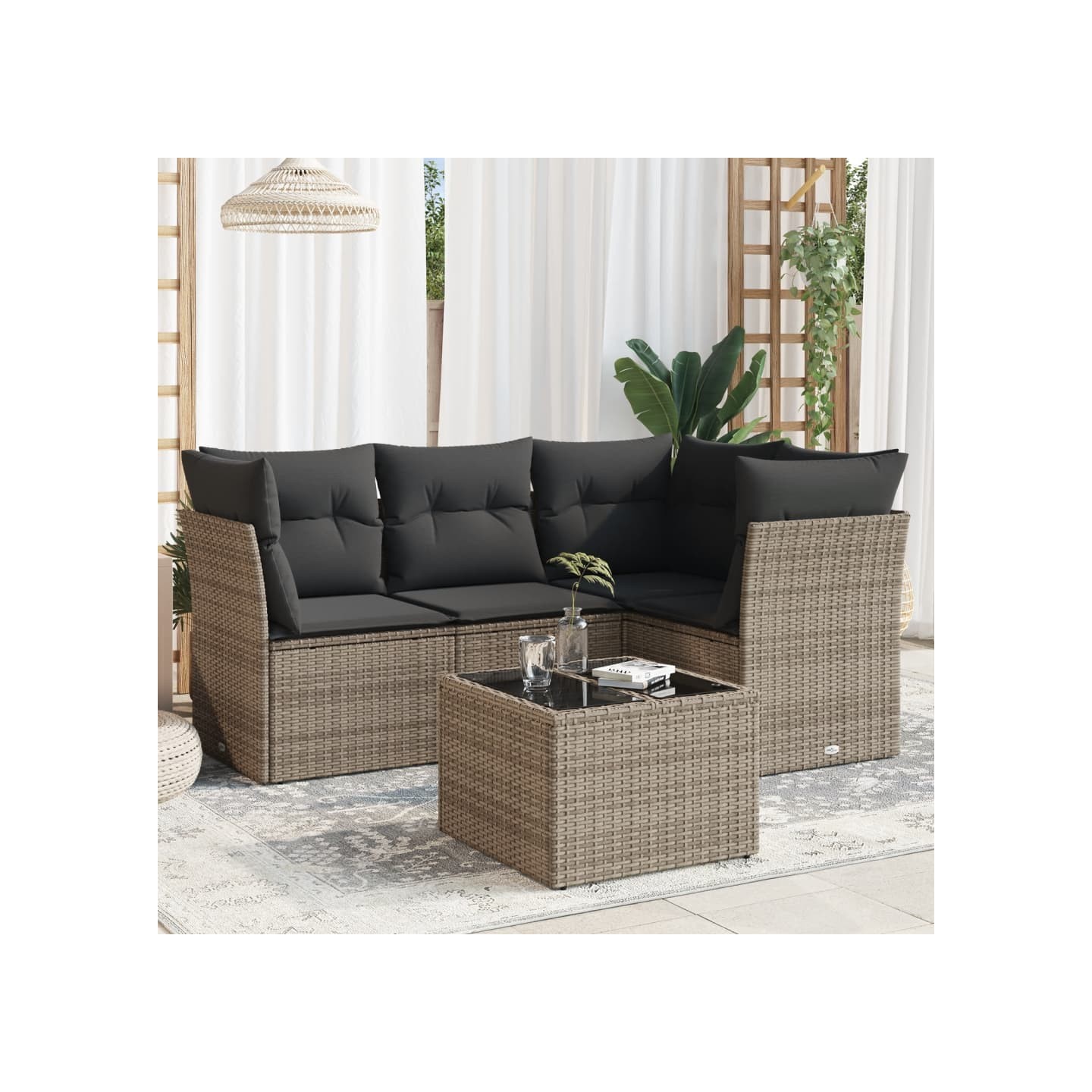 Salon de jardin 5 pcs avec coussins gris résine tressée